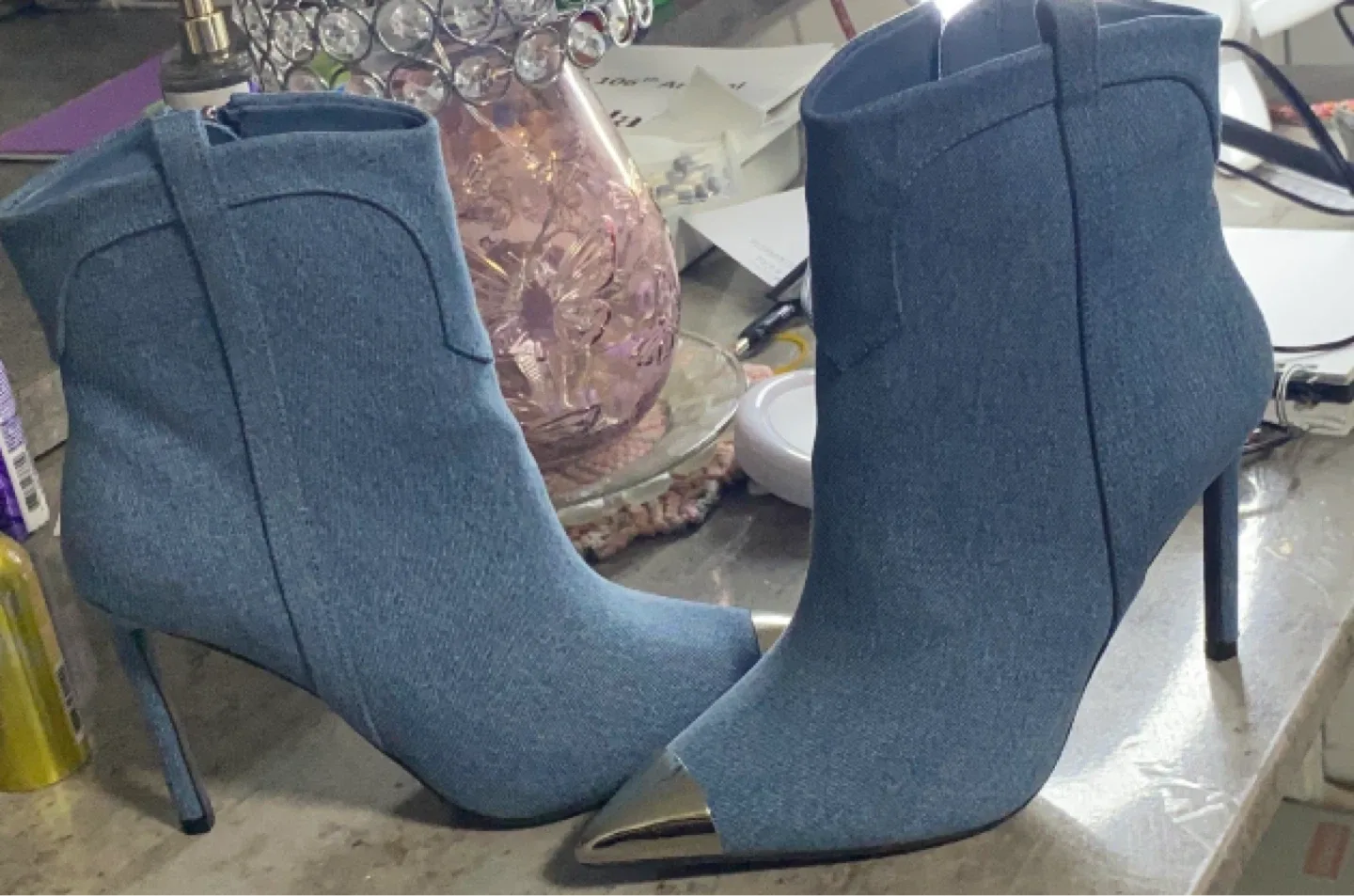Blue denim ankle boots! Stiletto metal toe accent