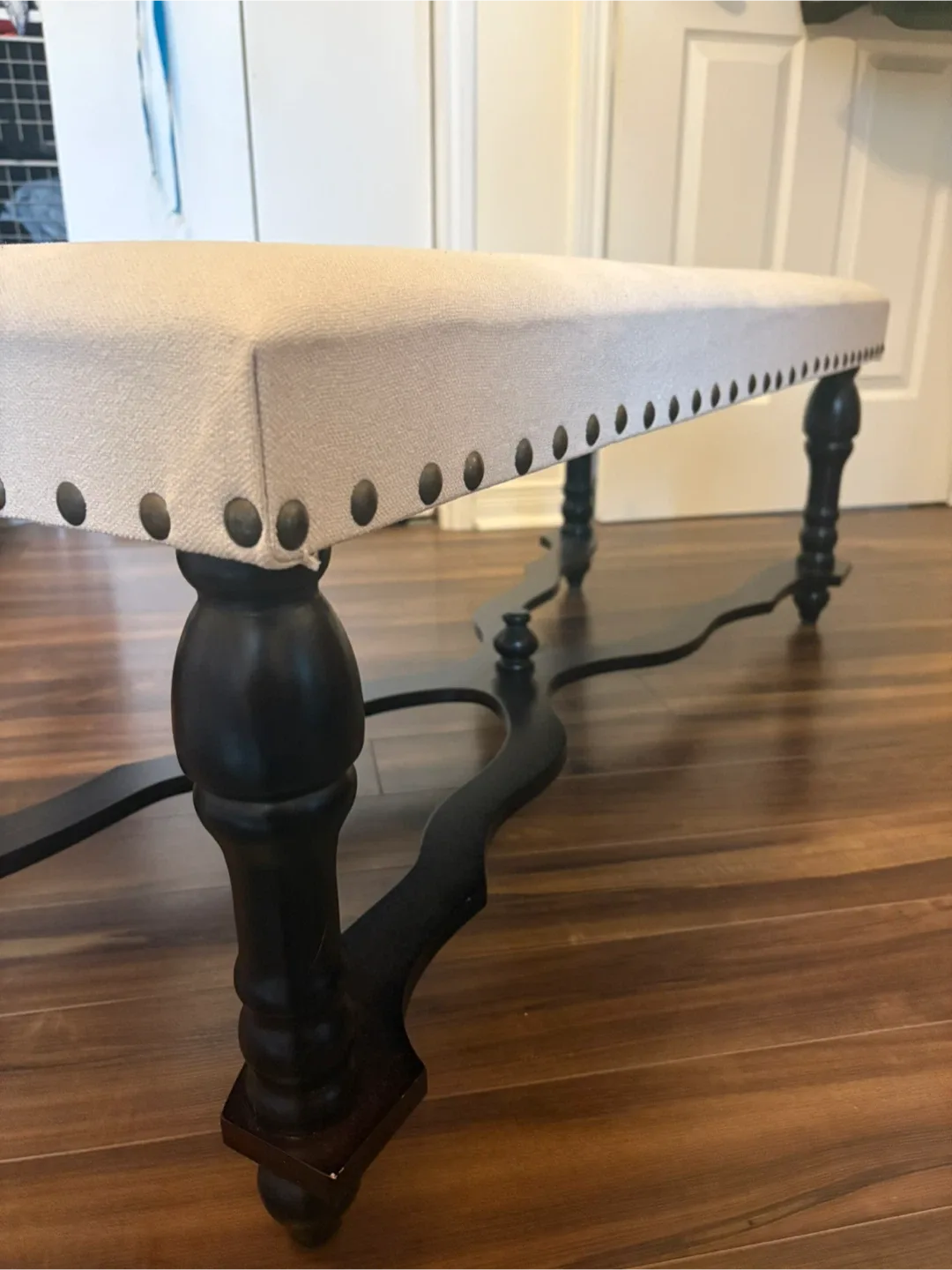 HOLIDAY DEAL! 🪑 Upholstered Linen Bench – Espresso + Brass Trim image indicator(2)