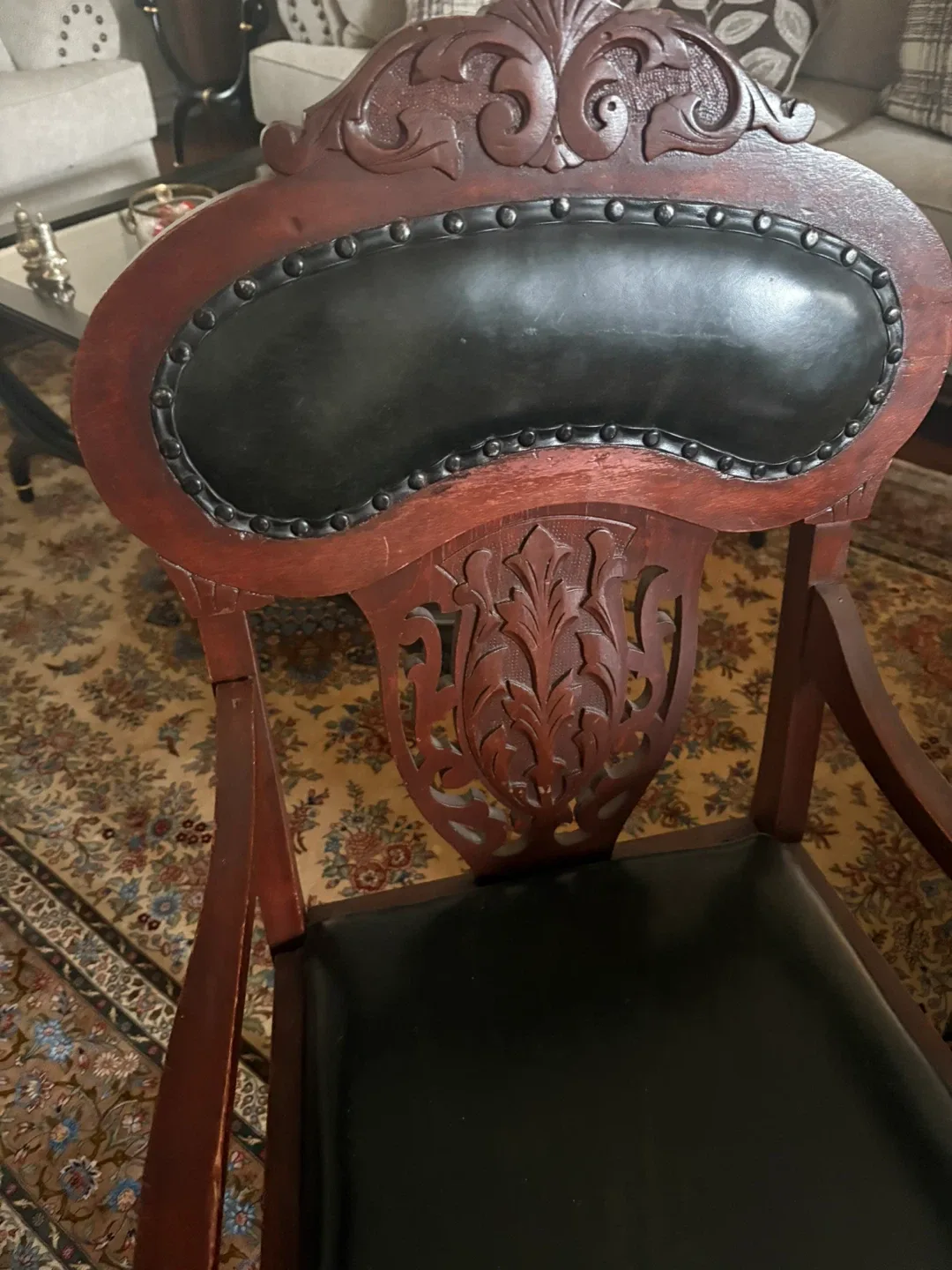 Antique Carved Wood & Leather Chair image indicator(2)