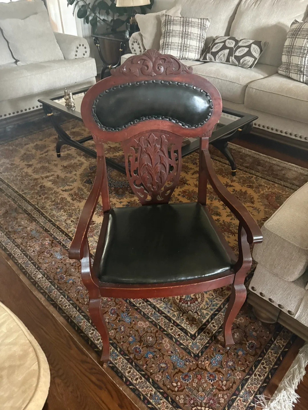 Antique Carved Wood & Leather Chair