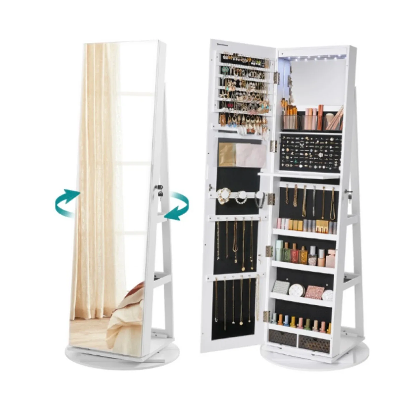 360° Swivel Mirror, Standing Lockable Jewelry Cabinet Organizer
