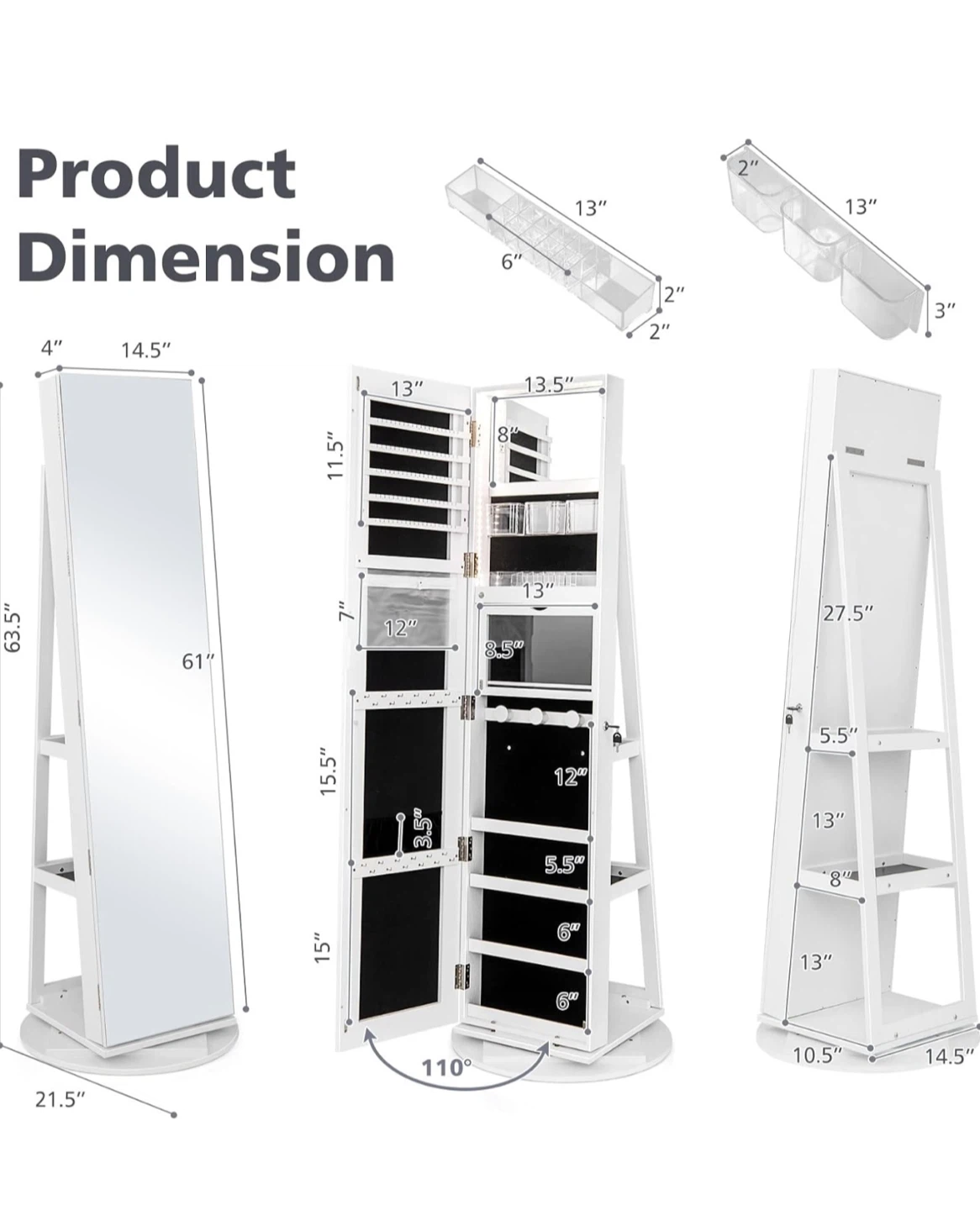 360° Swivel Mirror, Standing Lockable Jewelry Cabinet Organizer - photo 4