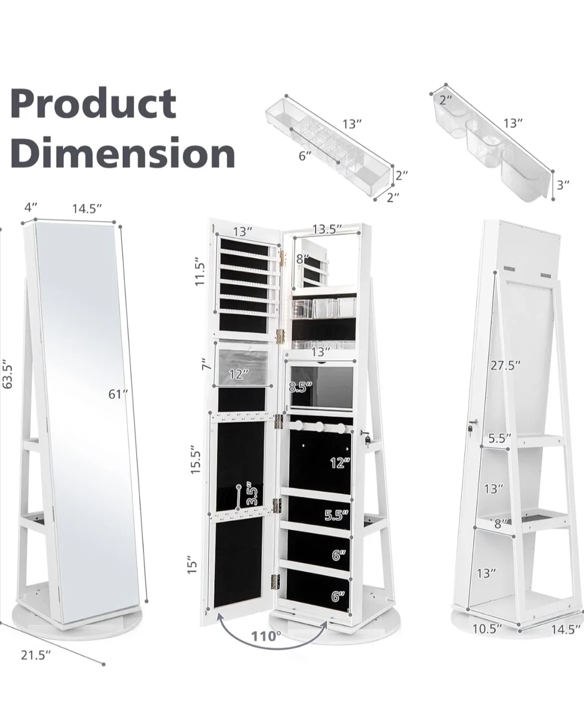 360° Swivel Mirror, Standing Lockable Jewelry Cabinet Organizer image indicator(4)