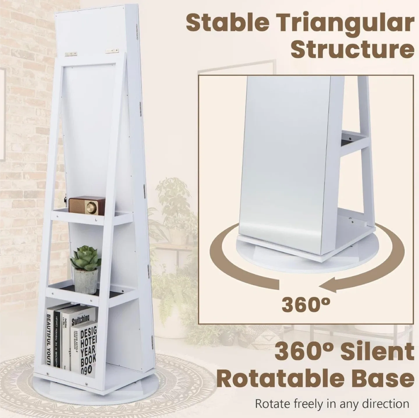 360° Swivel Mirror, Standing Lockable Jewelry Cabinet Organizer image indicator(2)