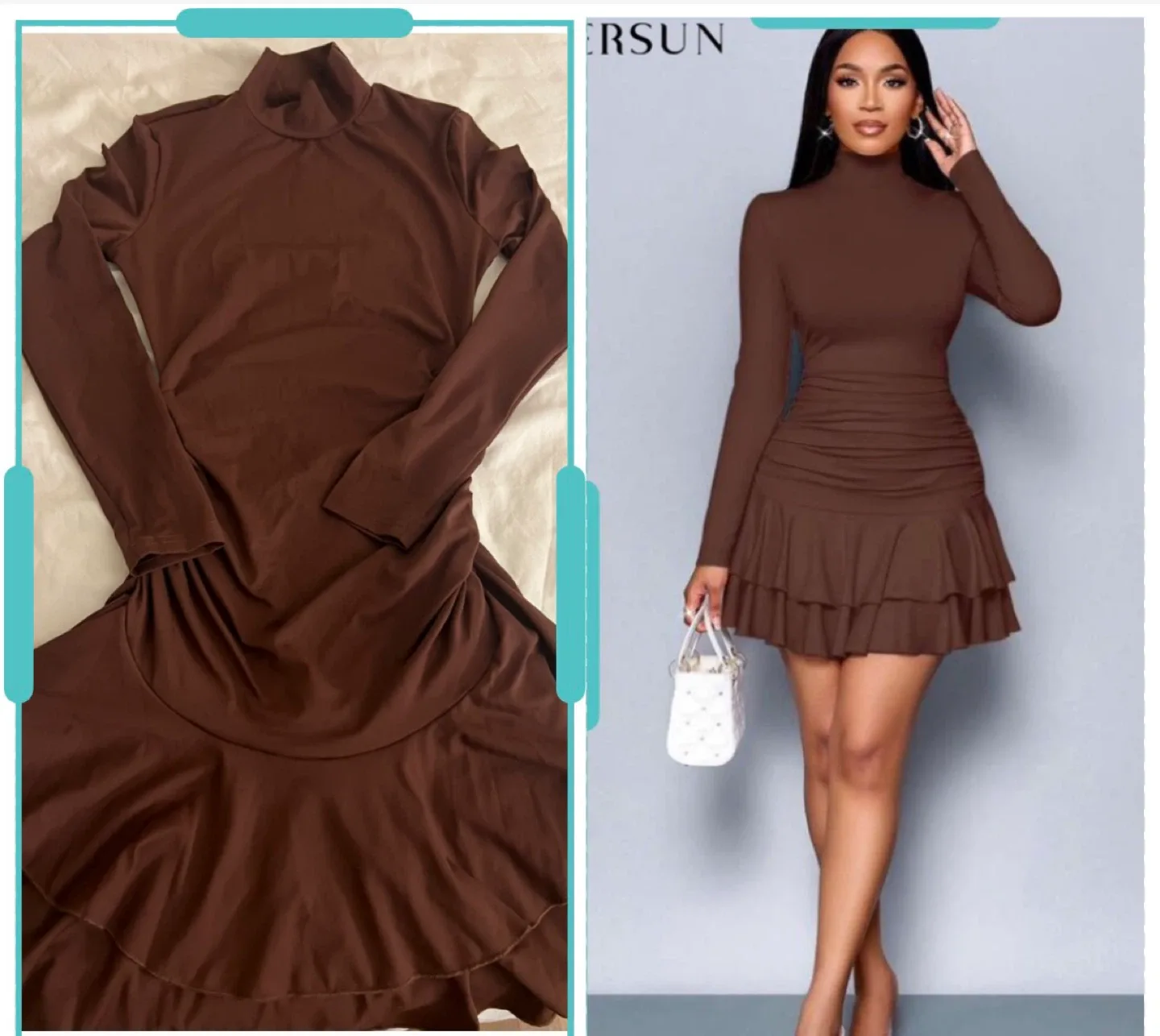 Brown Long Sleeve Ruffle Mini Dress