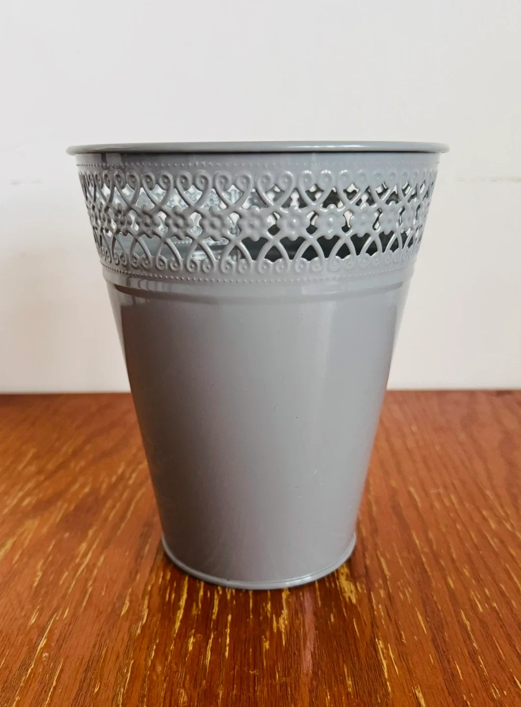 Grey Metal Flower Pot with Decorative Cutouts