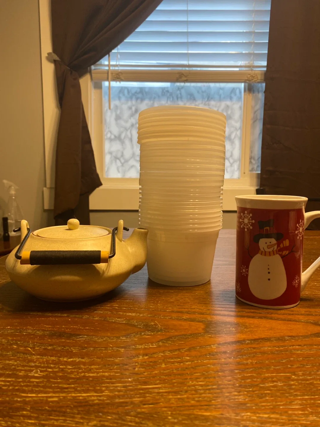 Plastic Bowls, and Snowman Mug