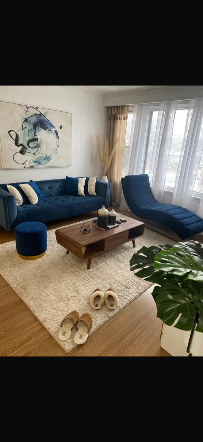 Blue Velvet Sofa, Ottoman, and Chaise Lounge Set