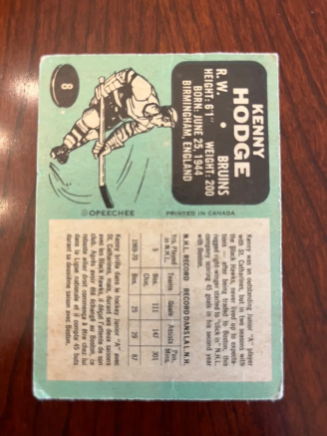 70-71 Topps Card # 8 KEN KENNY HODGE BOSTON BRUINS image indicator(2)