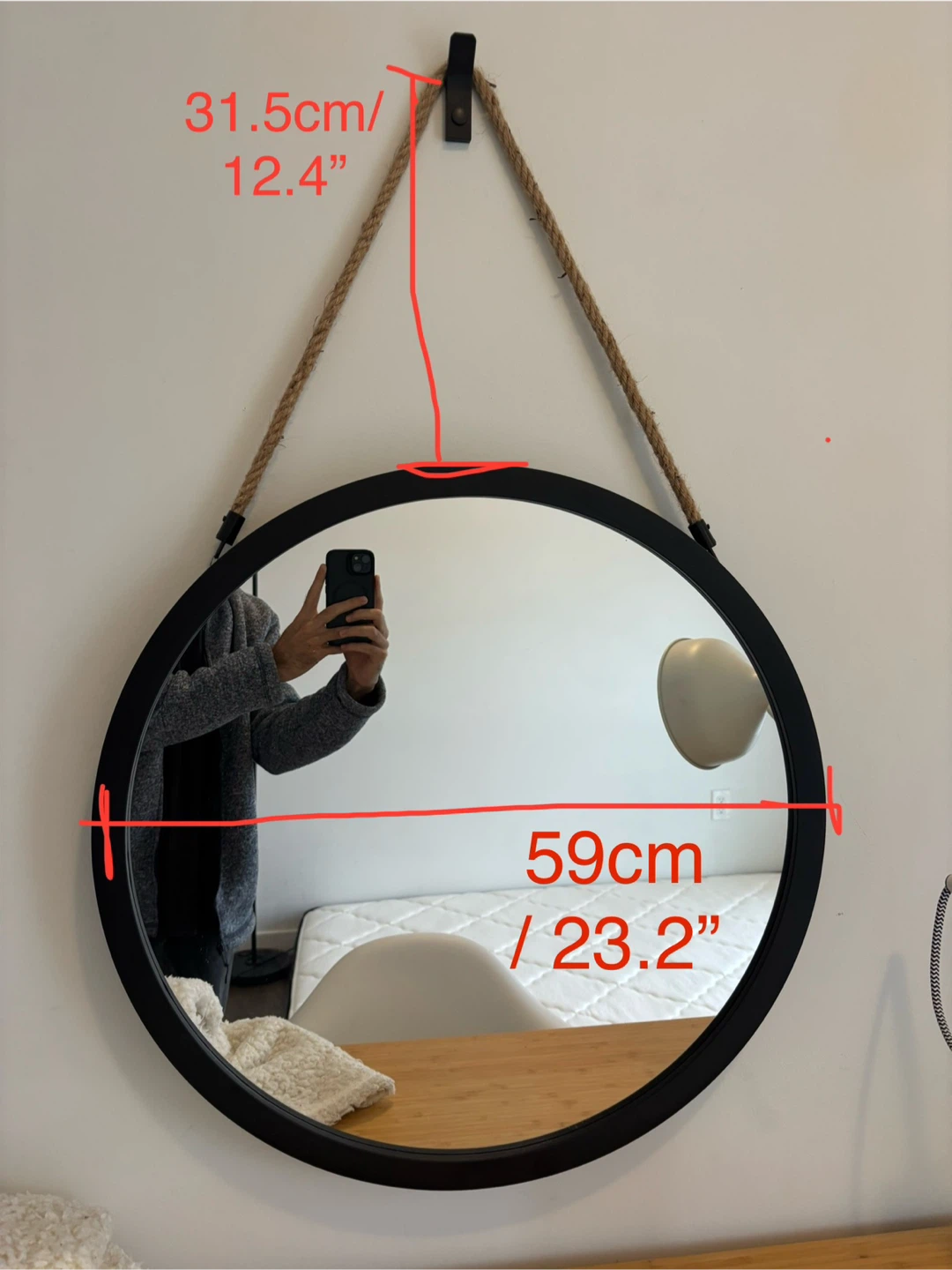 Round Wall Mirror with Rope and hanger - 23.2 inch - photo 2