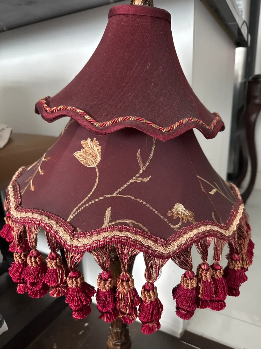 Burgundy Table Lamp with Floral Design