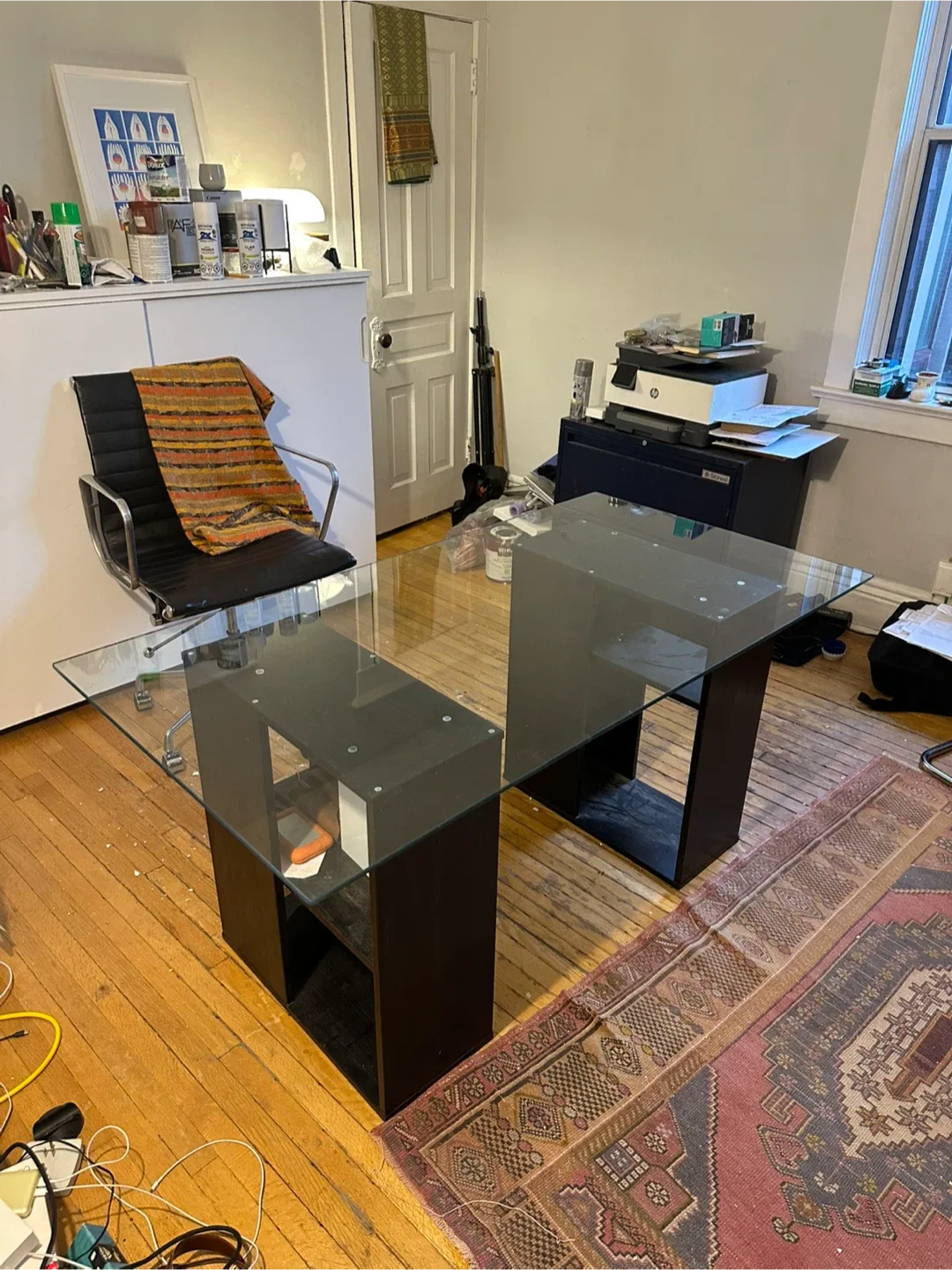 Glass Top Table / Desk with Dark Brown Wood Legs