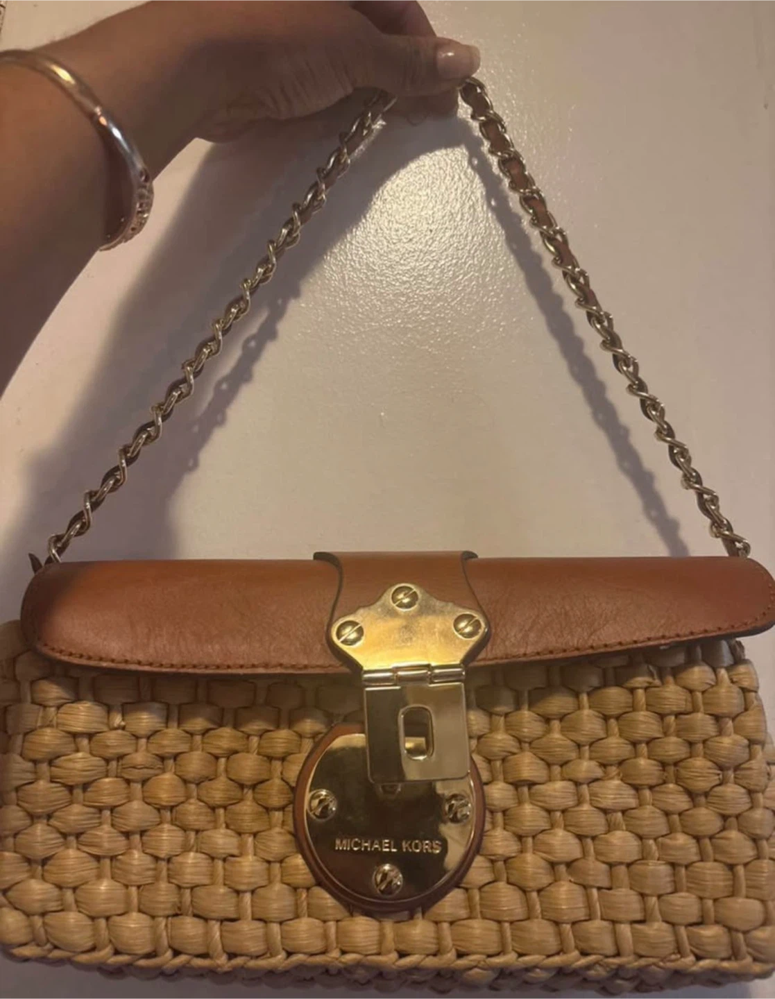 Michael Kors Straw & Leather Shoulder Bag