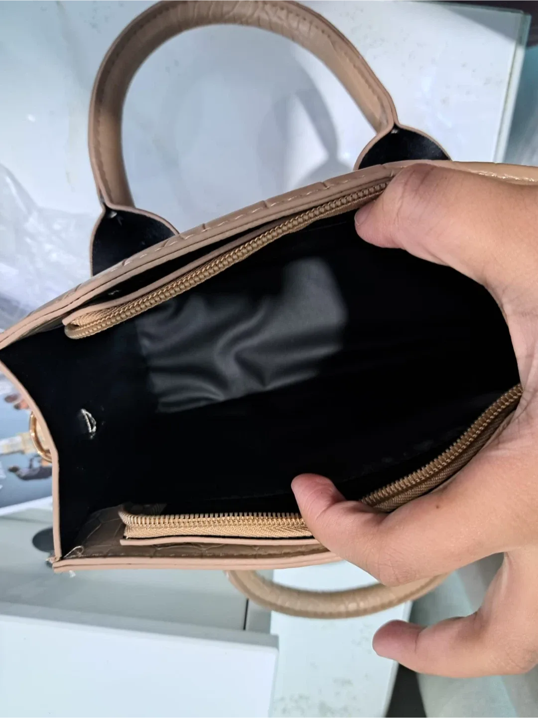 Beige Croc-Embossed Mini Top Handle Bag image indicator(4)