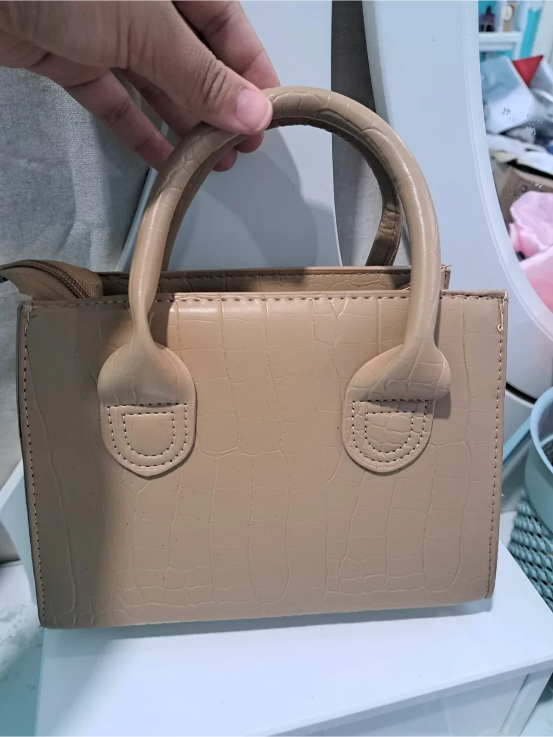 Beige Croc-Embossed Mini Top Handle Bag image indicator(5)