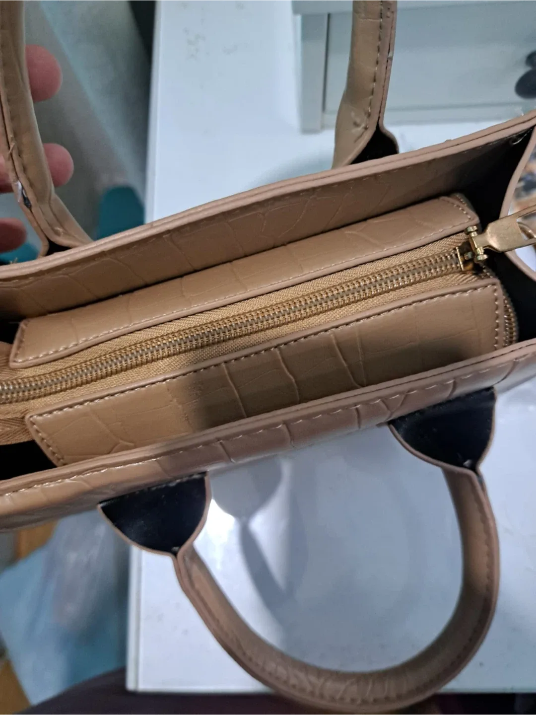 Beige Croc-Embossed Mini Top Handle Bag image indicator(3)