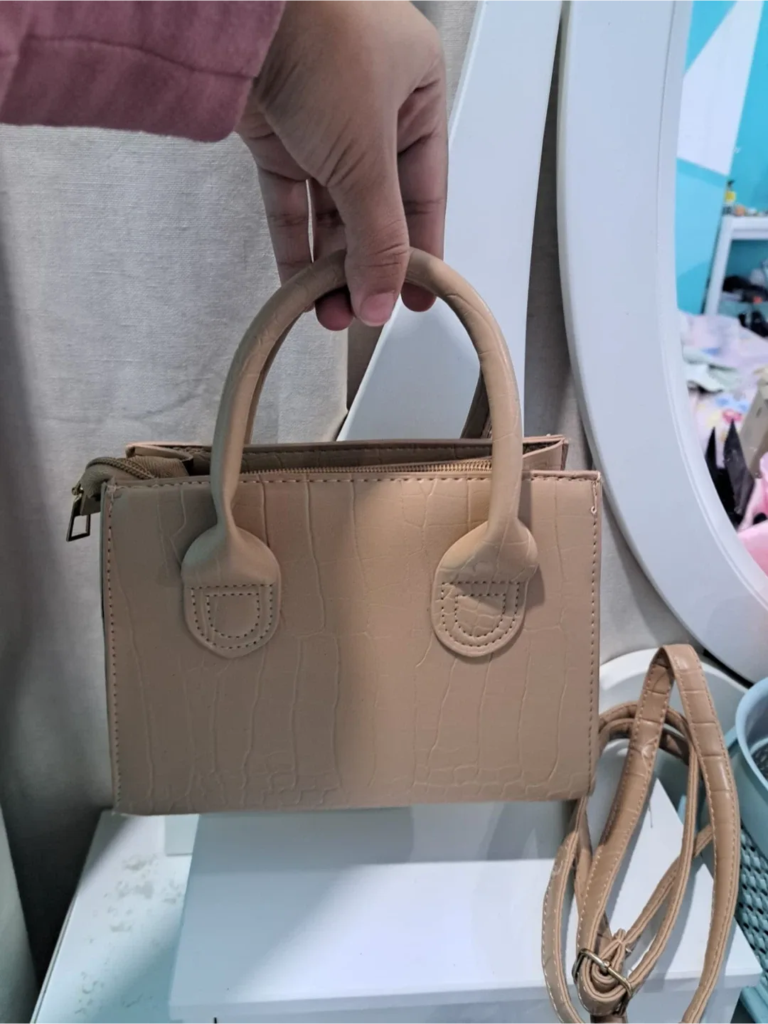 Beige Croc-Embossed Mini Top Handle Bag