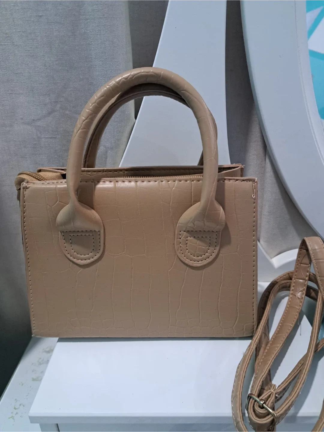 Beige Croc-Embossed Mini Top Handle Bag image indicator(2)