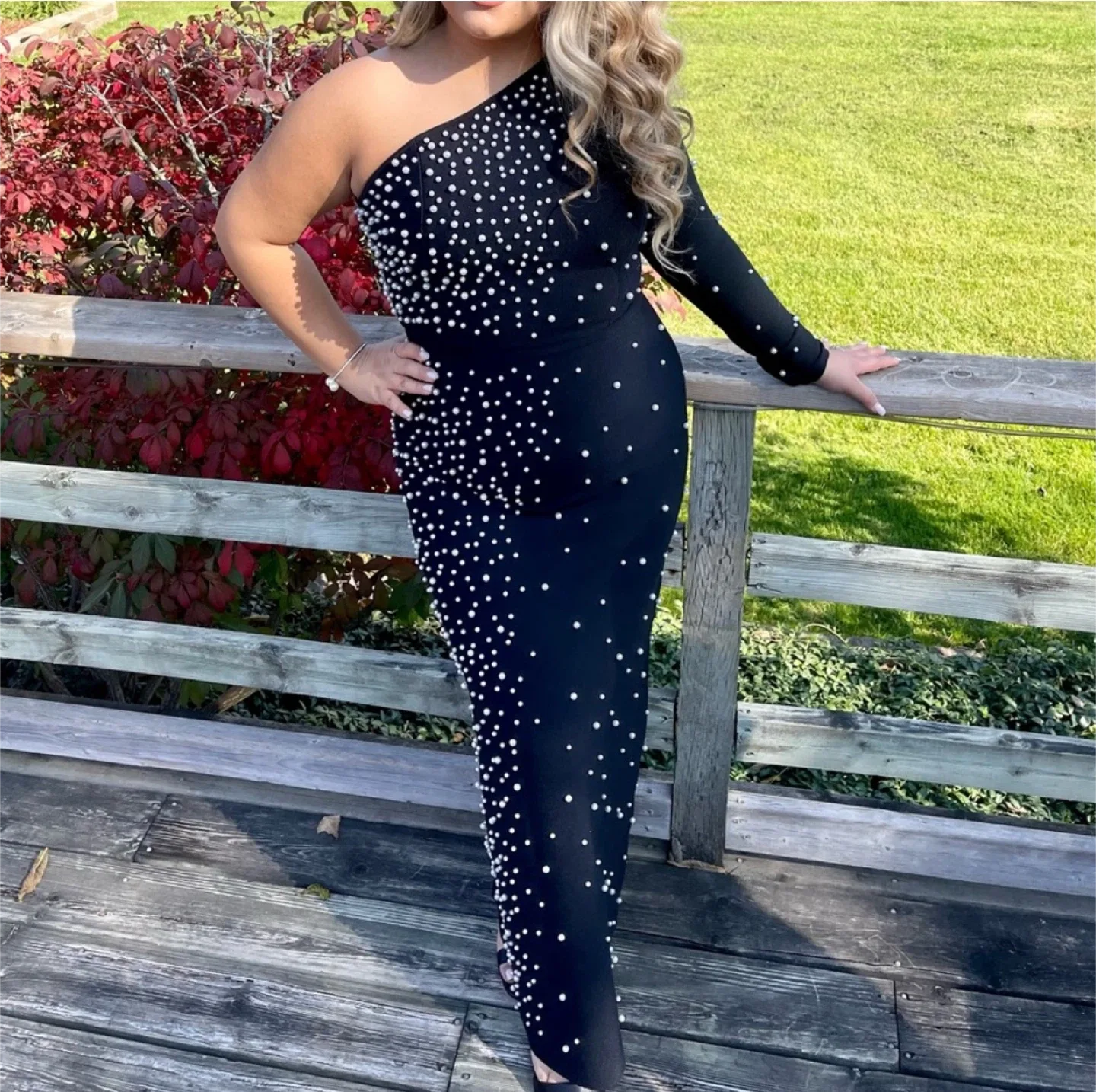 Black Beaded One-Shoulder Dress