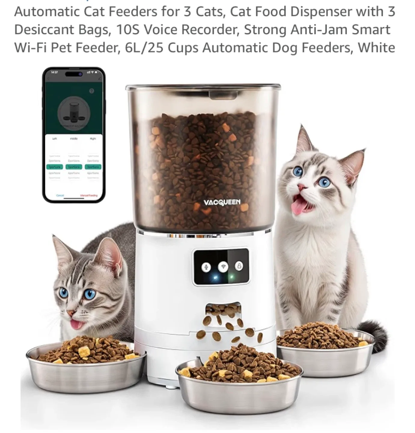 New Vacqueen Automatic Cat Food Dispenser 1-3 Cats