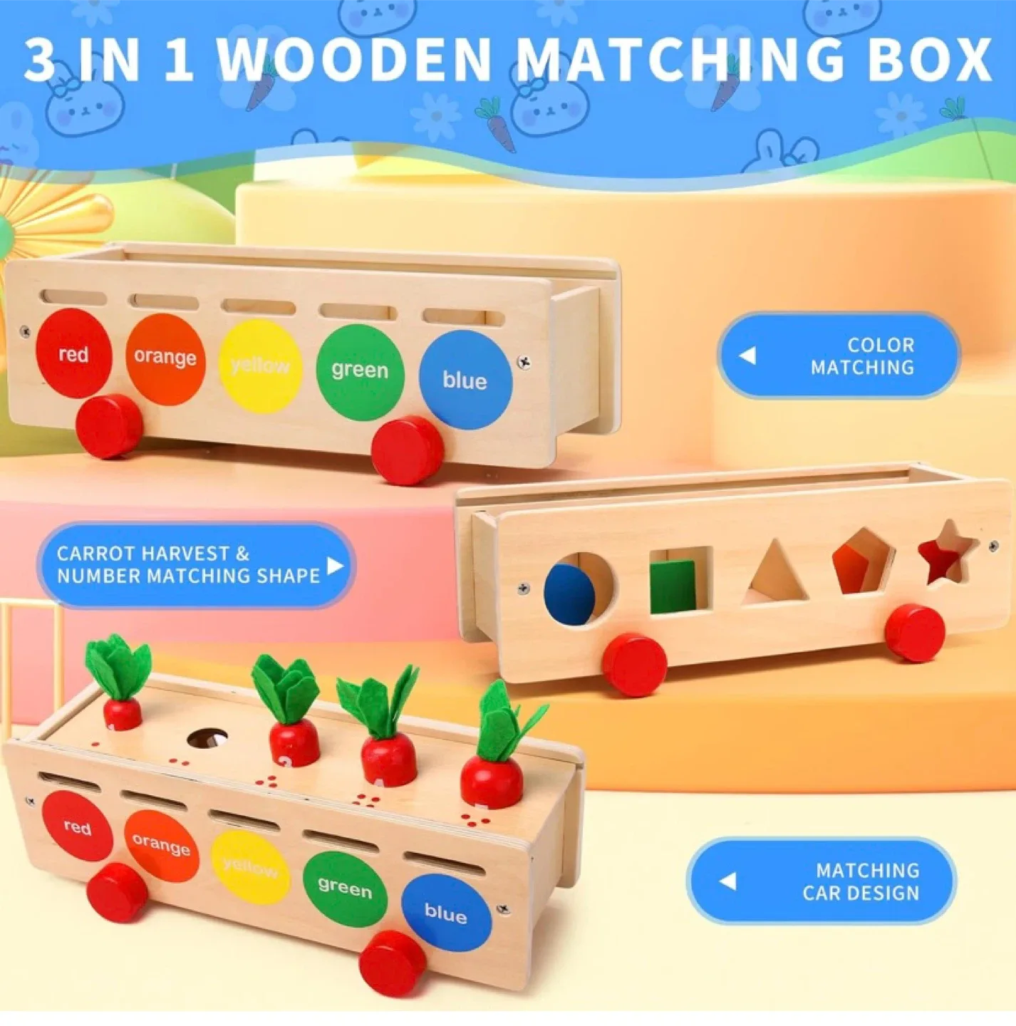 New Montessori 3 in 1 Wooden Shape / Colour Sorting Box image indicator(3)