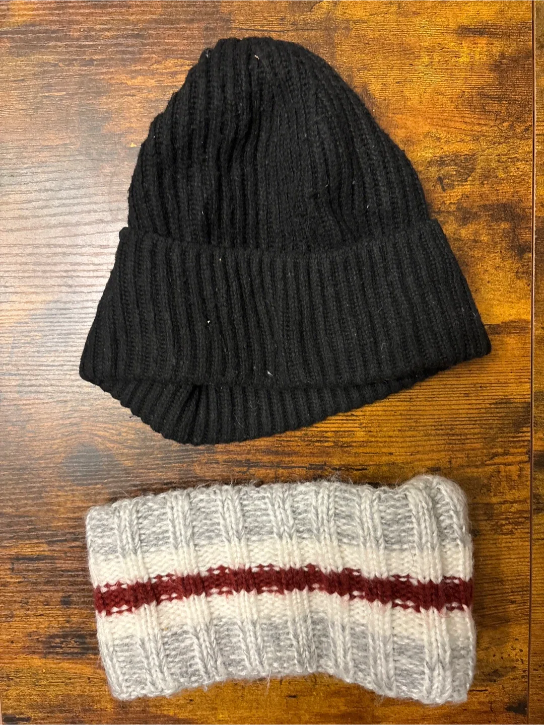 Black Knit Beanie and Striped neck warmer