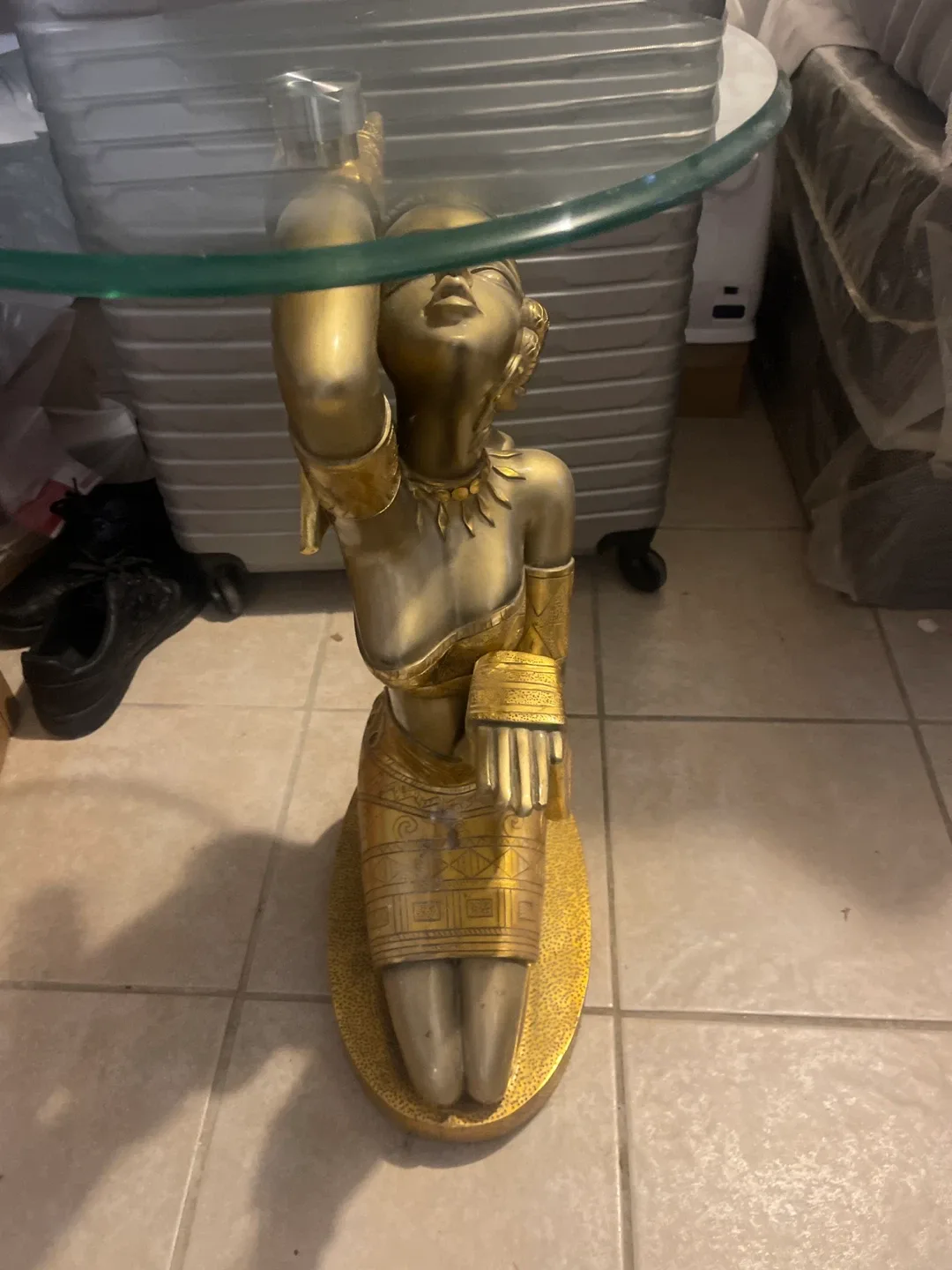 Gold Statue Side Table w/ Glass Top