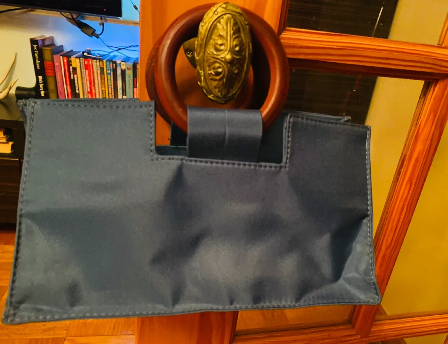 Blue Tote Bag with Wooden Handles