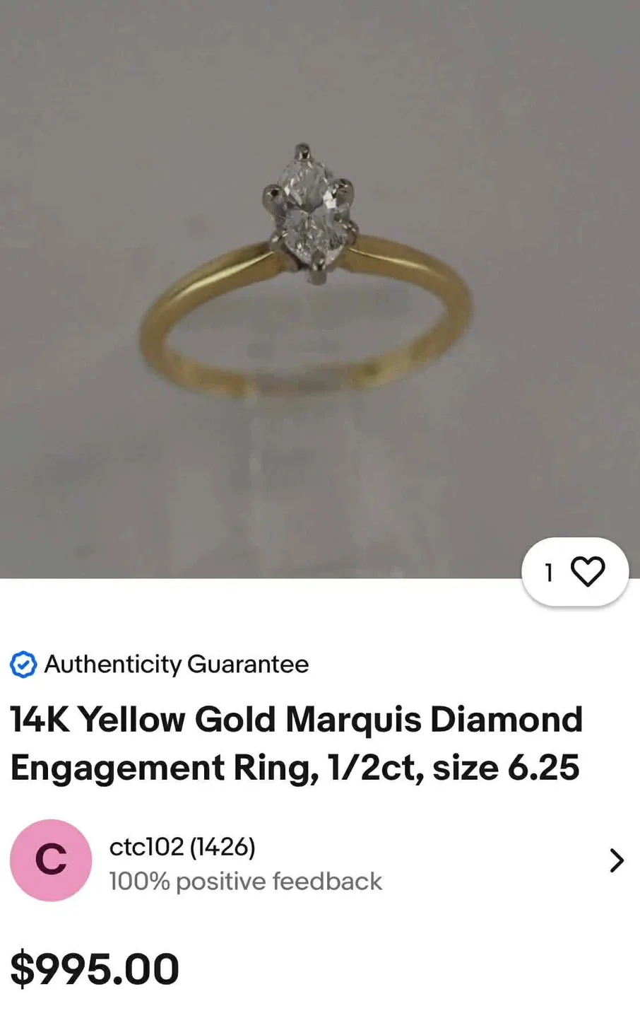 14K Yellow Gold Marquis Diamond Ring, Size 6.25 image indicator(2)