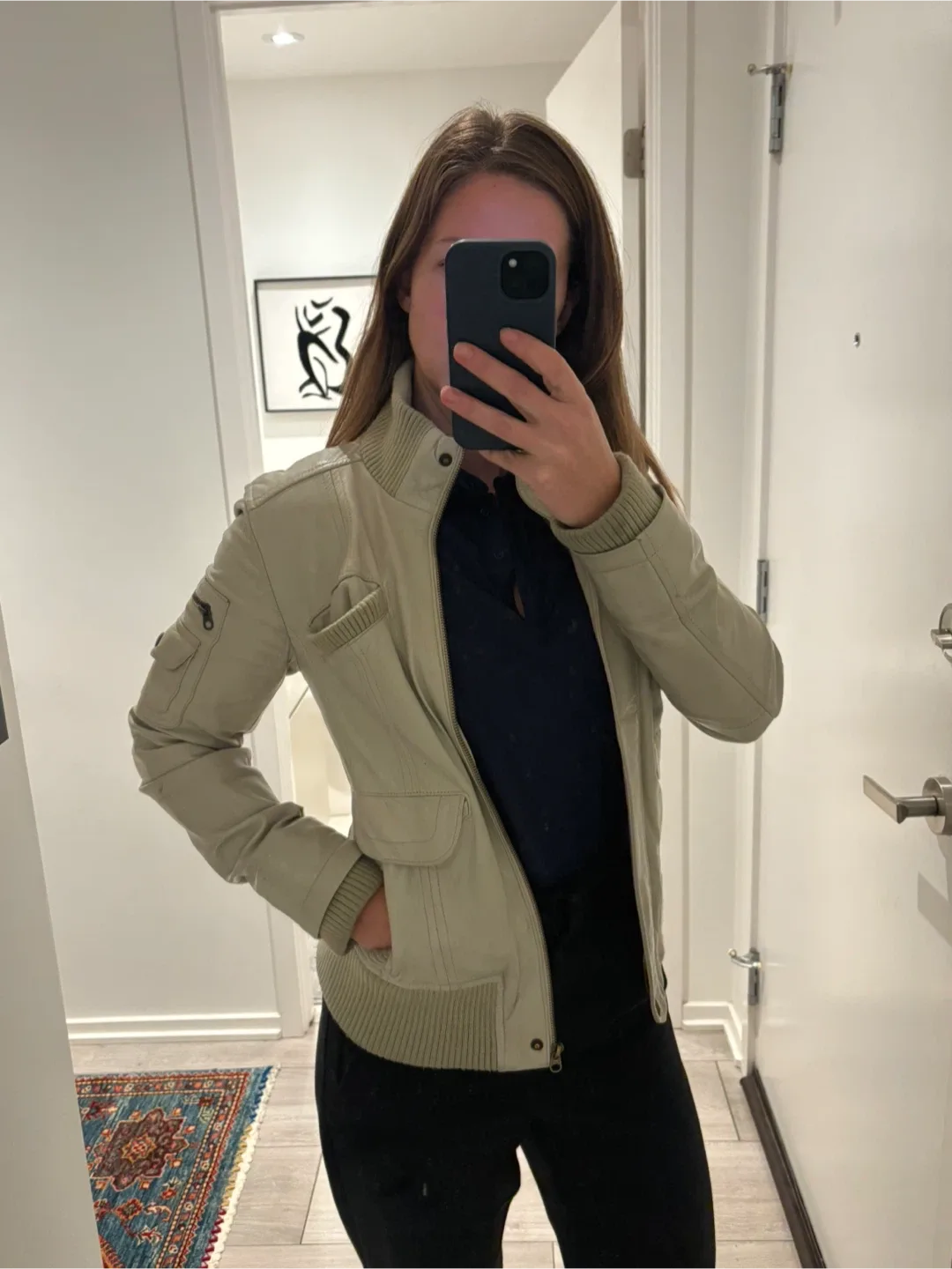 MNG Beige Leather Bomber Jacket