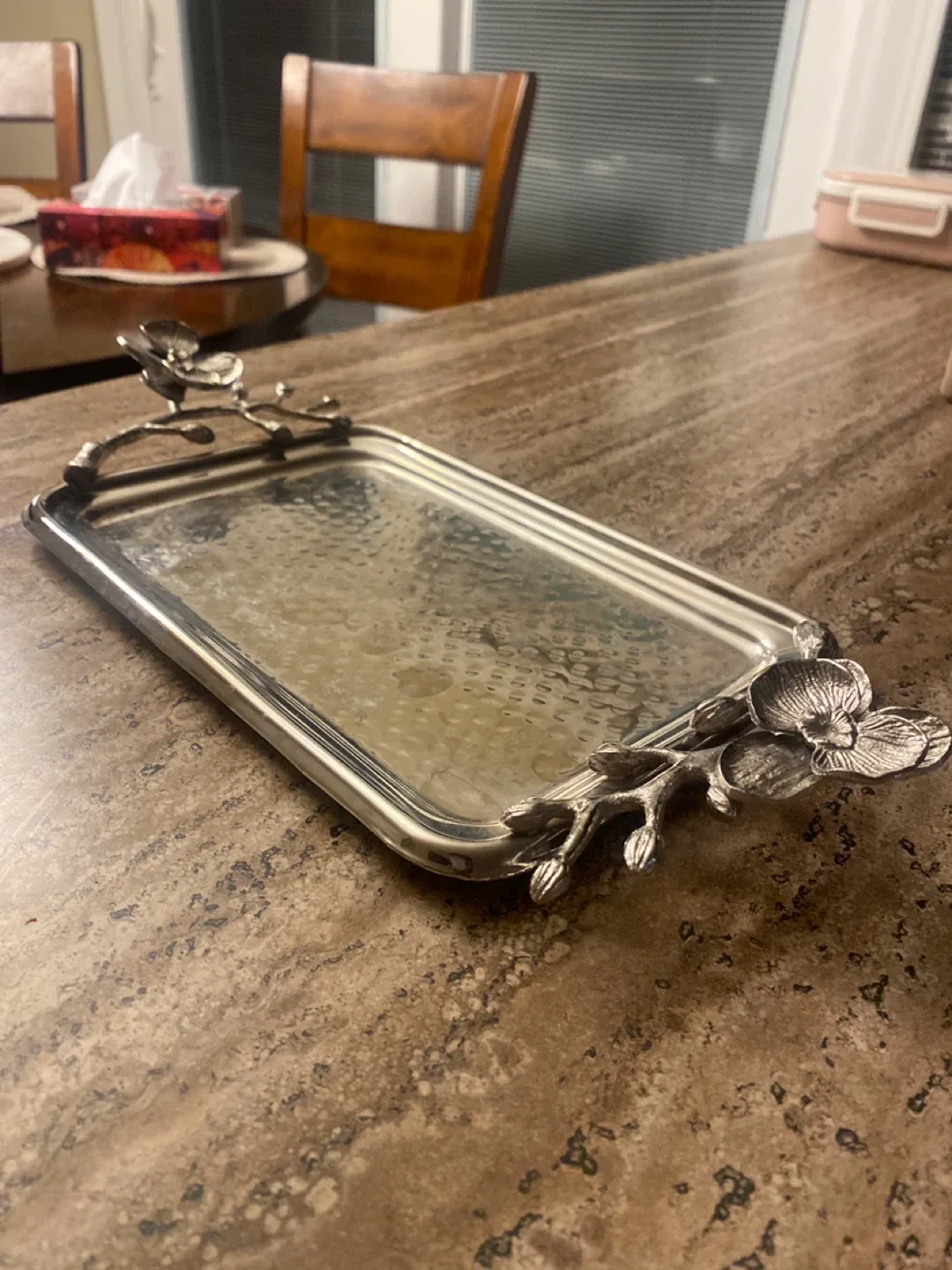 Silver Decorative Tray with Floral Accents