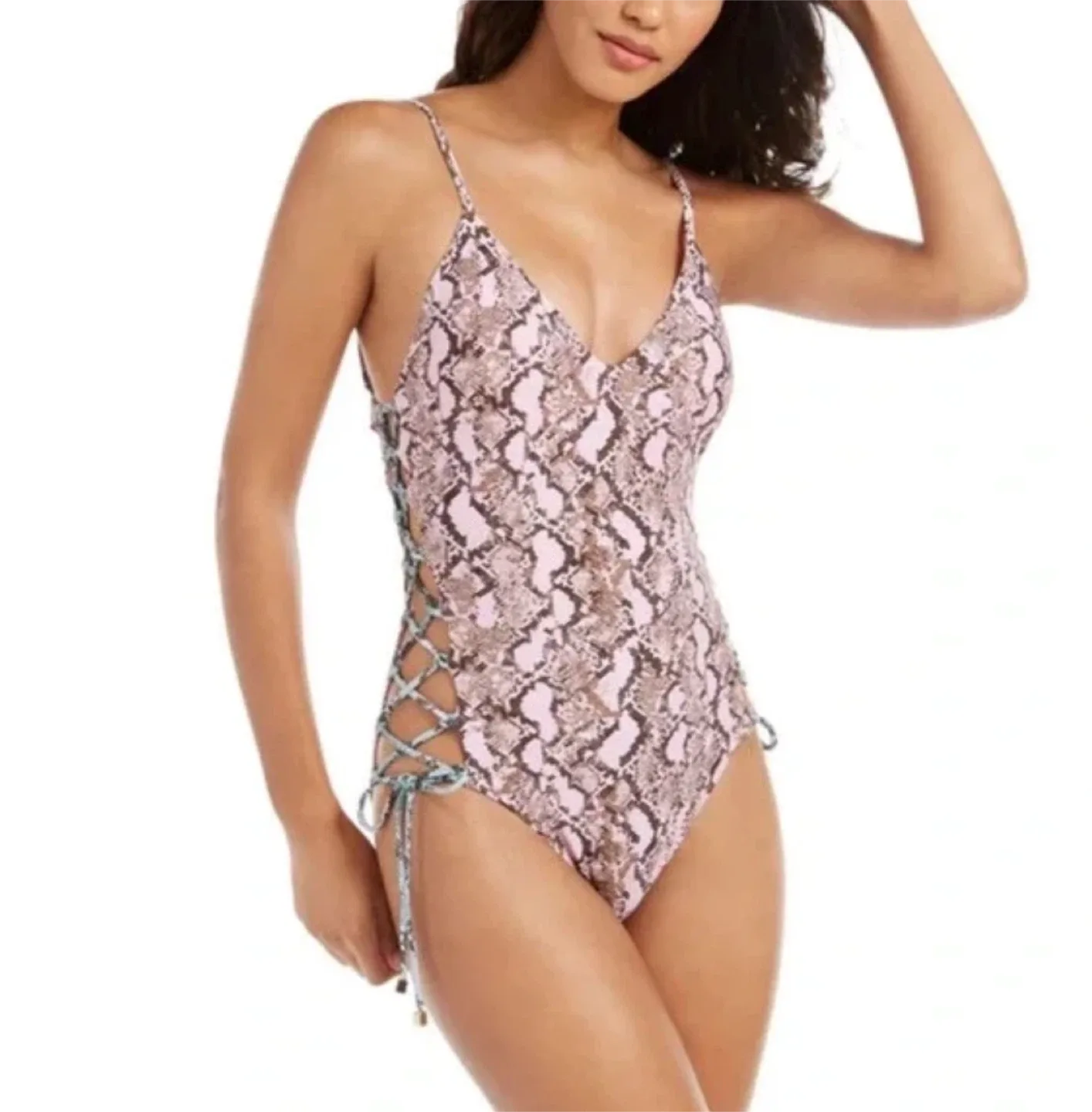 Rachel Roy Pink Snakeskin Lace-Up One-Piece Swimsuit
