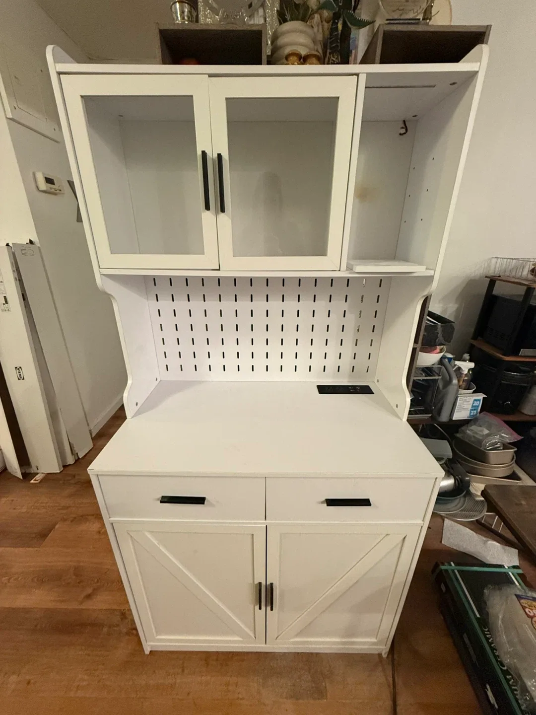 White Hutch Cabinet with Glass Doors