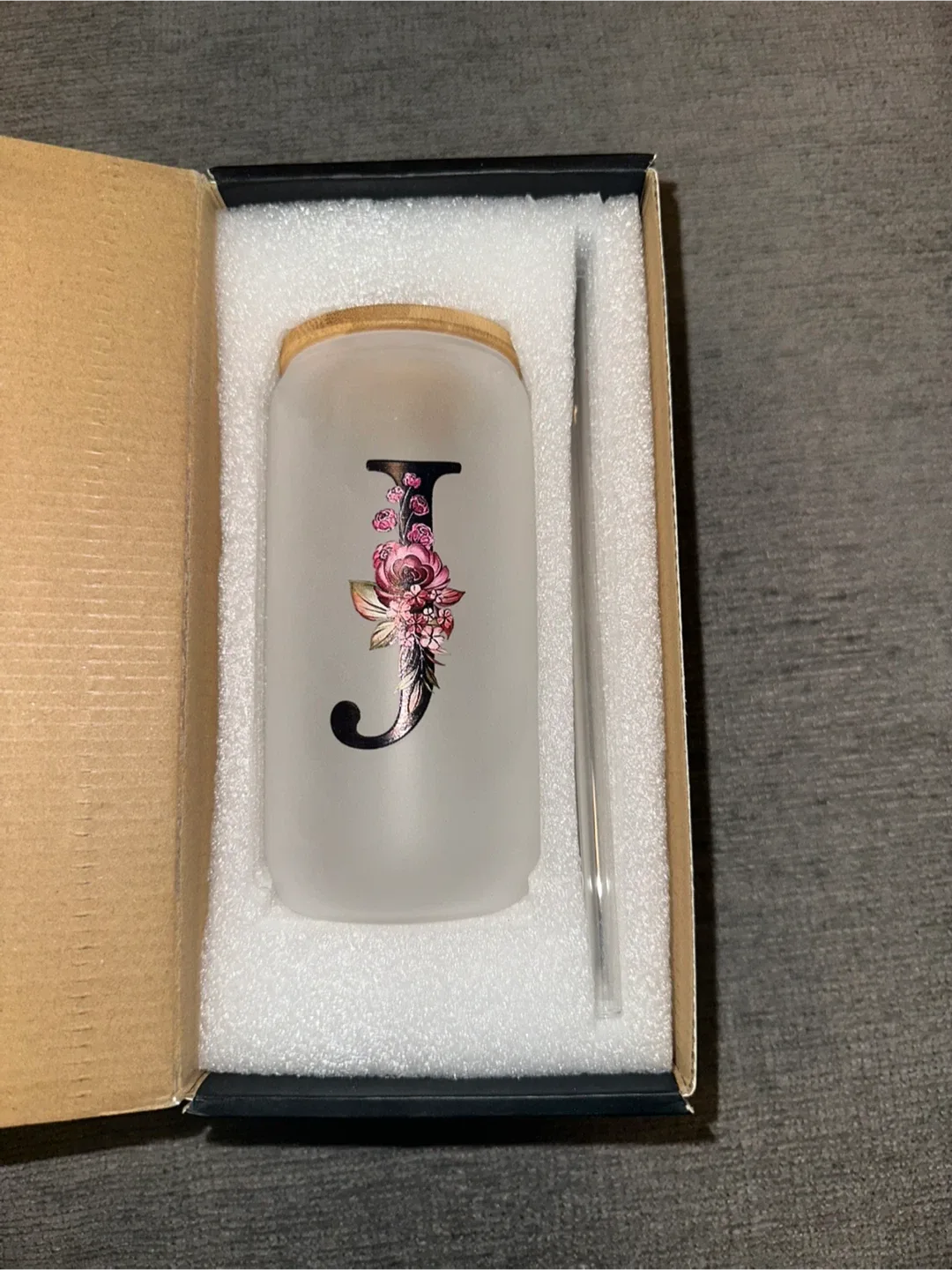 Letter J Frosted Glass Tumbler with Straw - New in Box