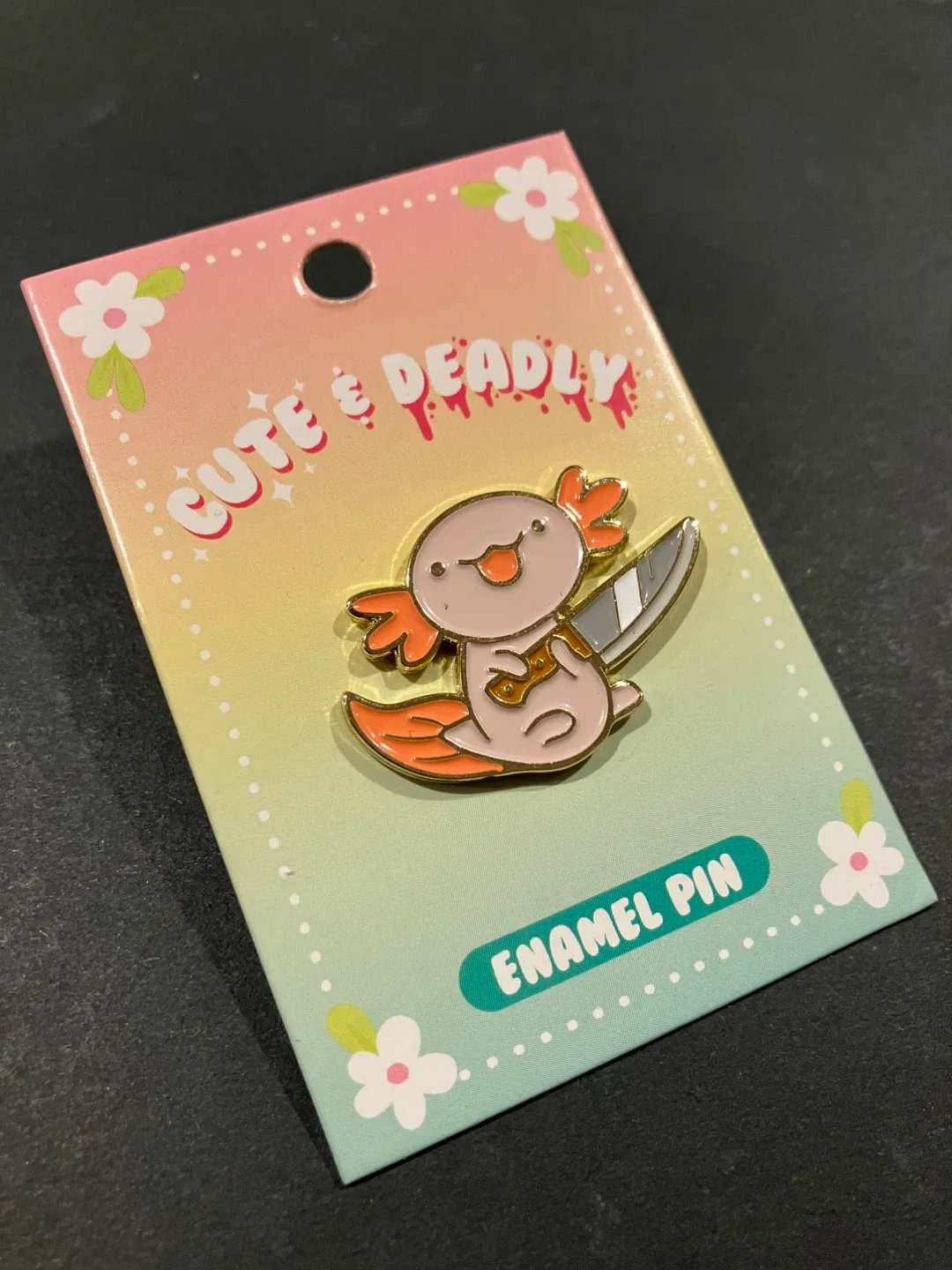 Cute And Deadly Enamel Pin Axolotl With Knife image indicator(6)