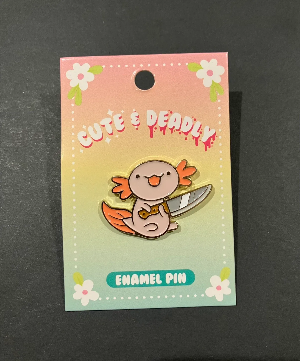 Cute And Deadly Enamel Pin Axolotl With Knife