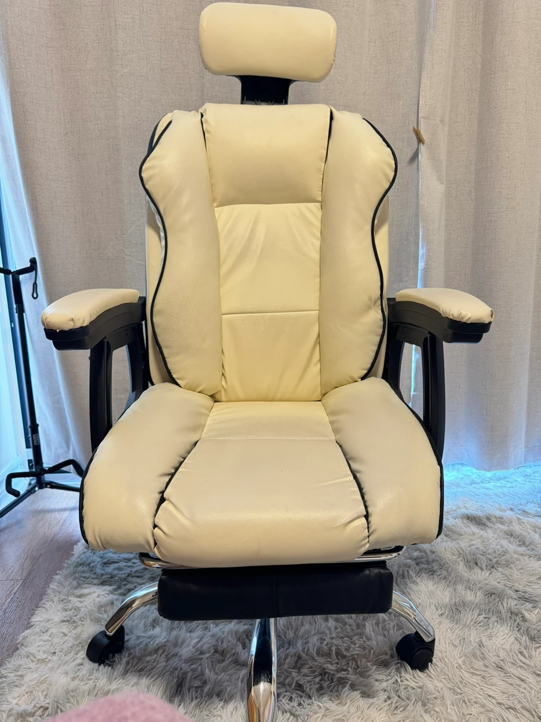 Cream Leather Office Chair with Footrest - photo 3