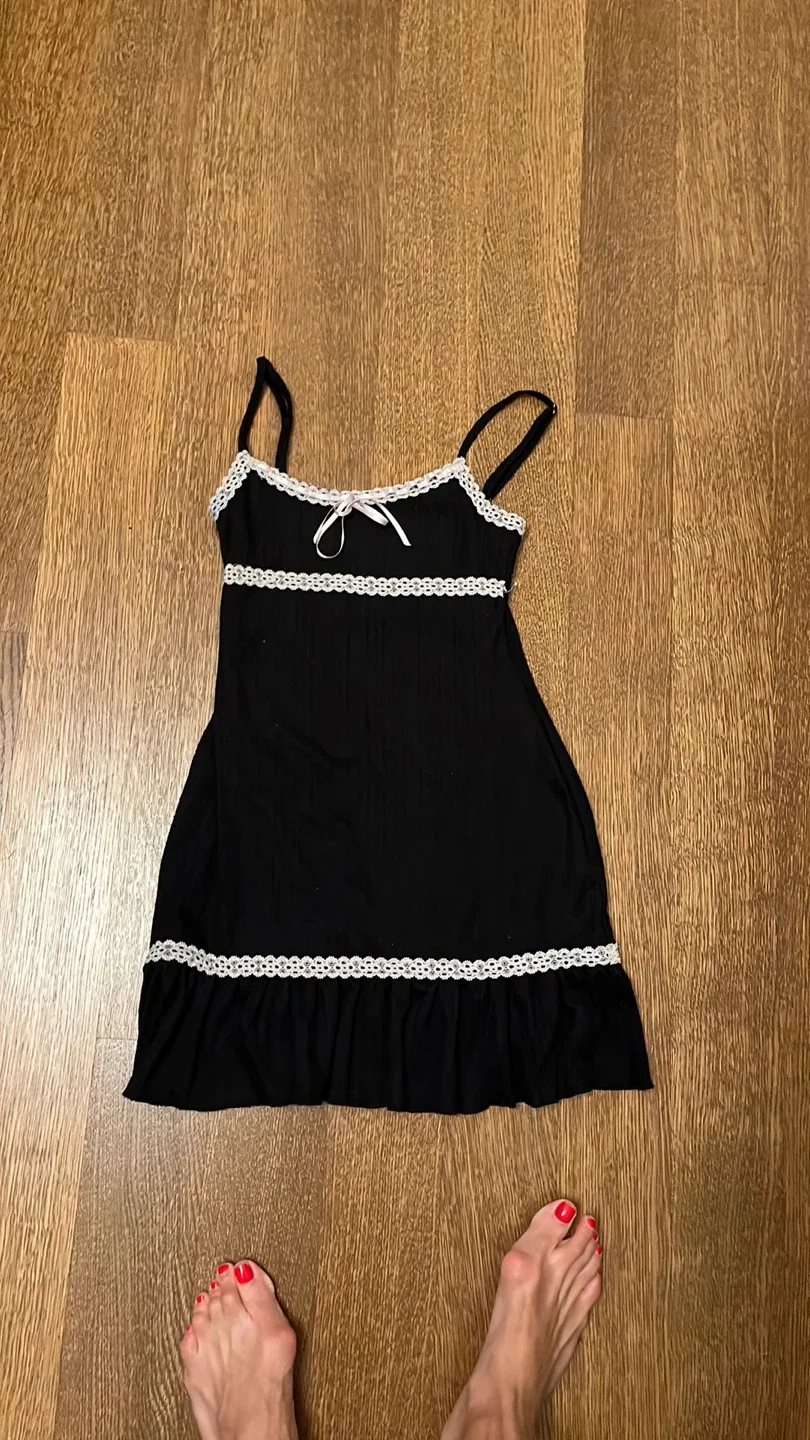 Black Mini Dress with White Lace Trim