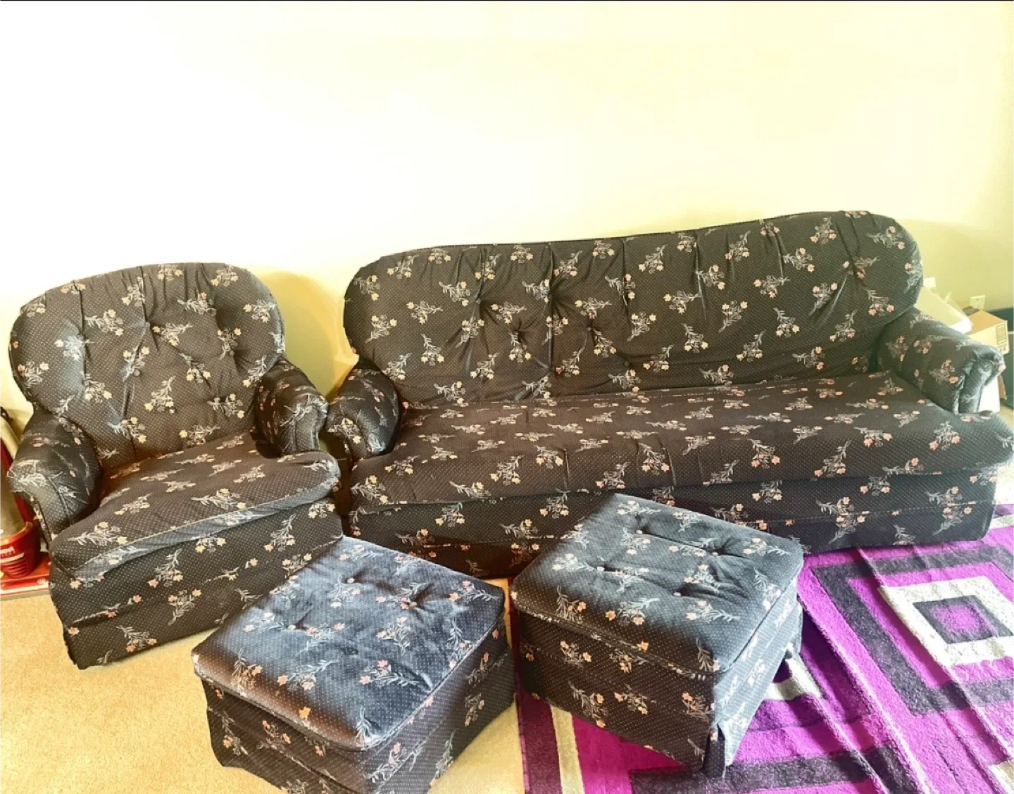 Floral Pattern Sofa Set - Couch, Chair & Ottomans