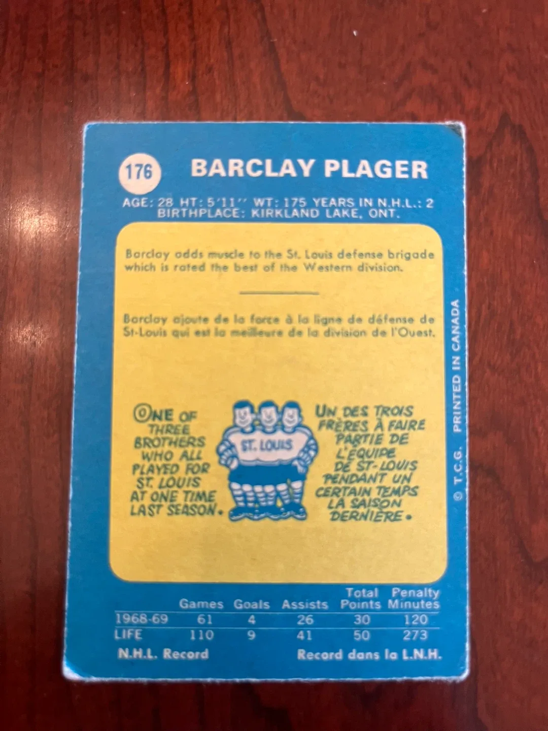 1969/70 O-PEE-CHEE NHL HOCKEY CARD #176 BARCLAY PLAGE image indicator(2)