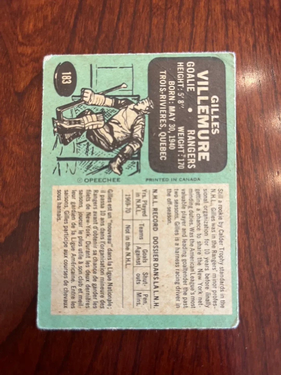 1970-71 OPC O PEE CHEE #183 GILLES VILLEMURE N Y RANGERS image indicator(2)