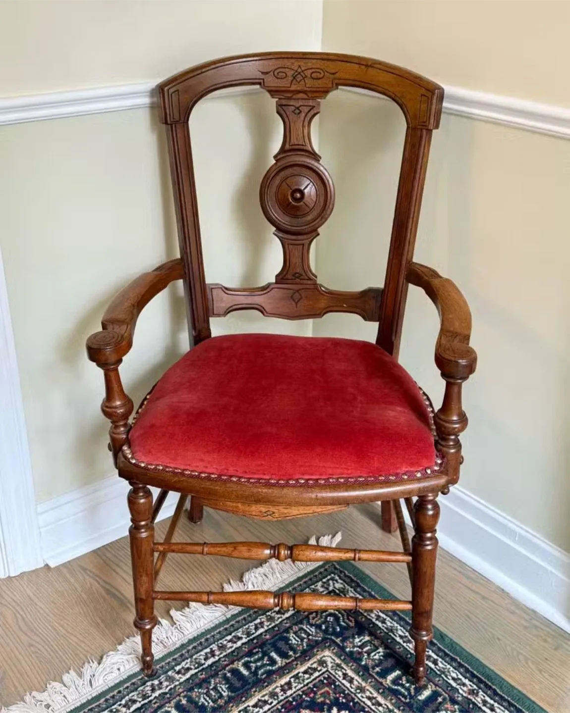 Antique Wooden Chair with Red Velvet Seat