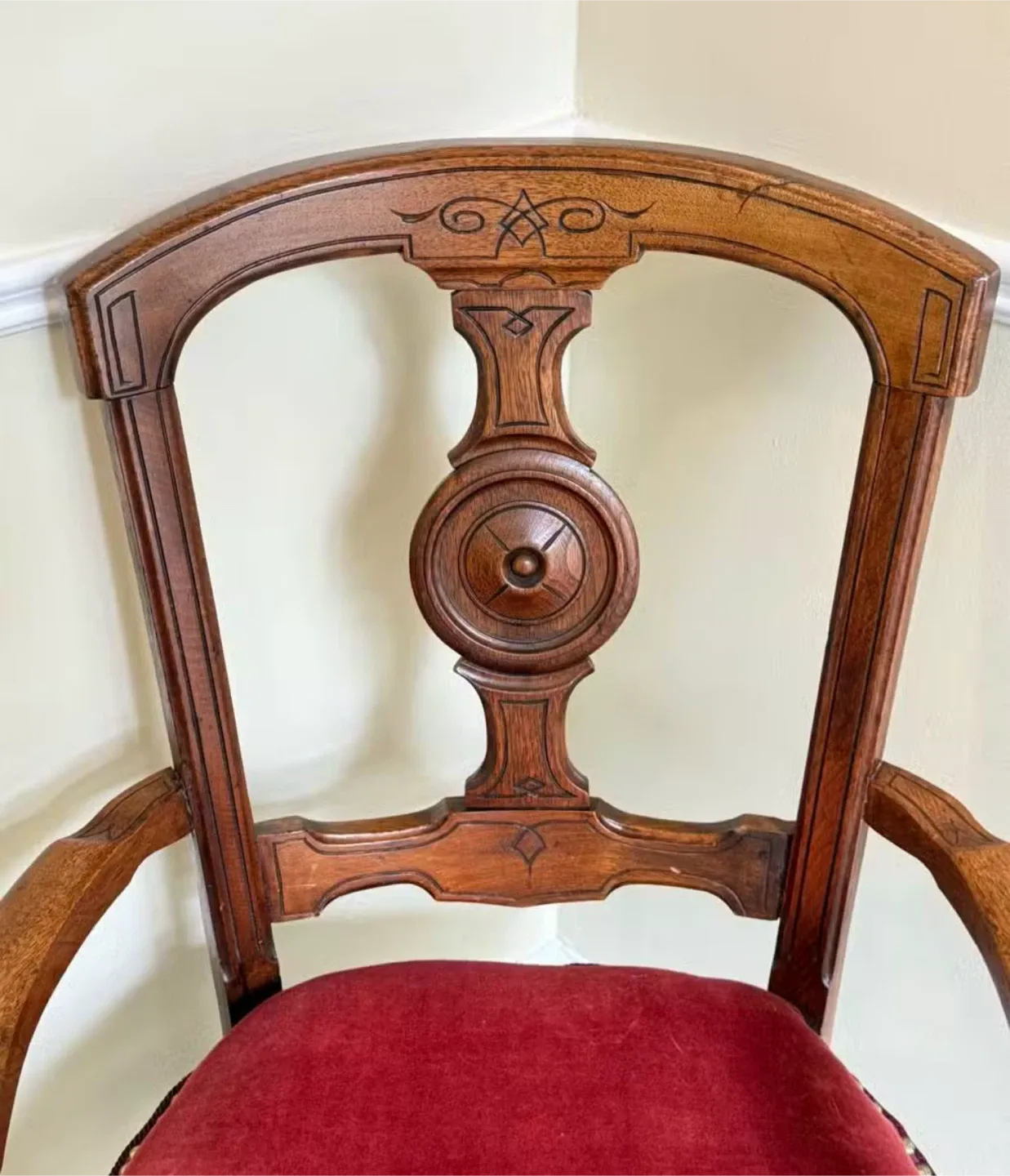 Antique Wooden Chair with Red Velvet Seat image indicator(2)