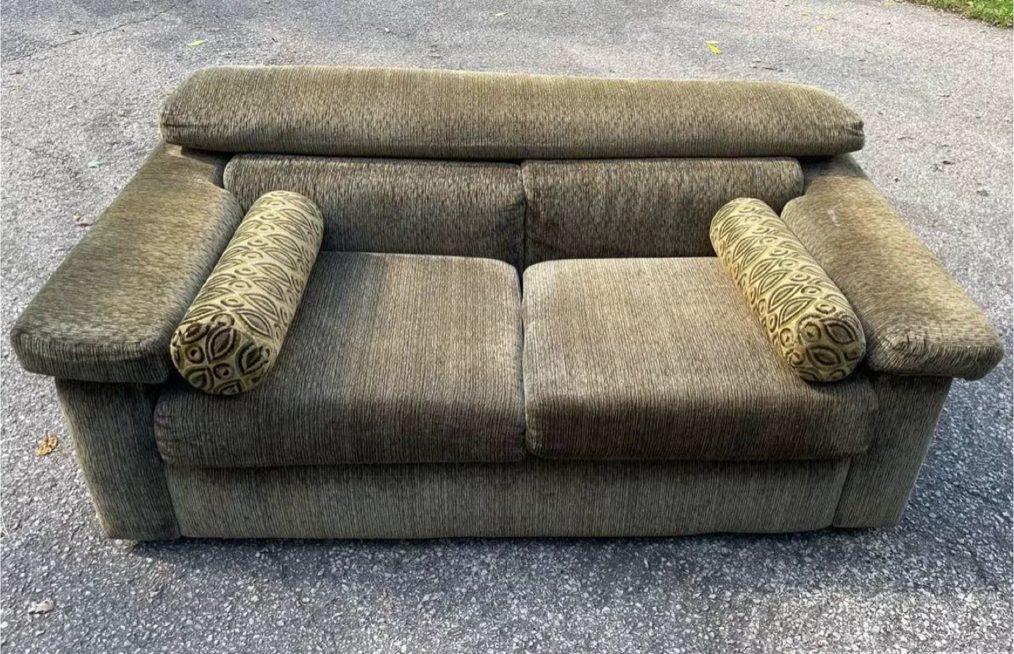 Two Olive Green Loveseat Sofa with Bolster Pillows