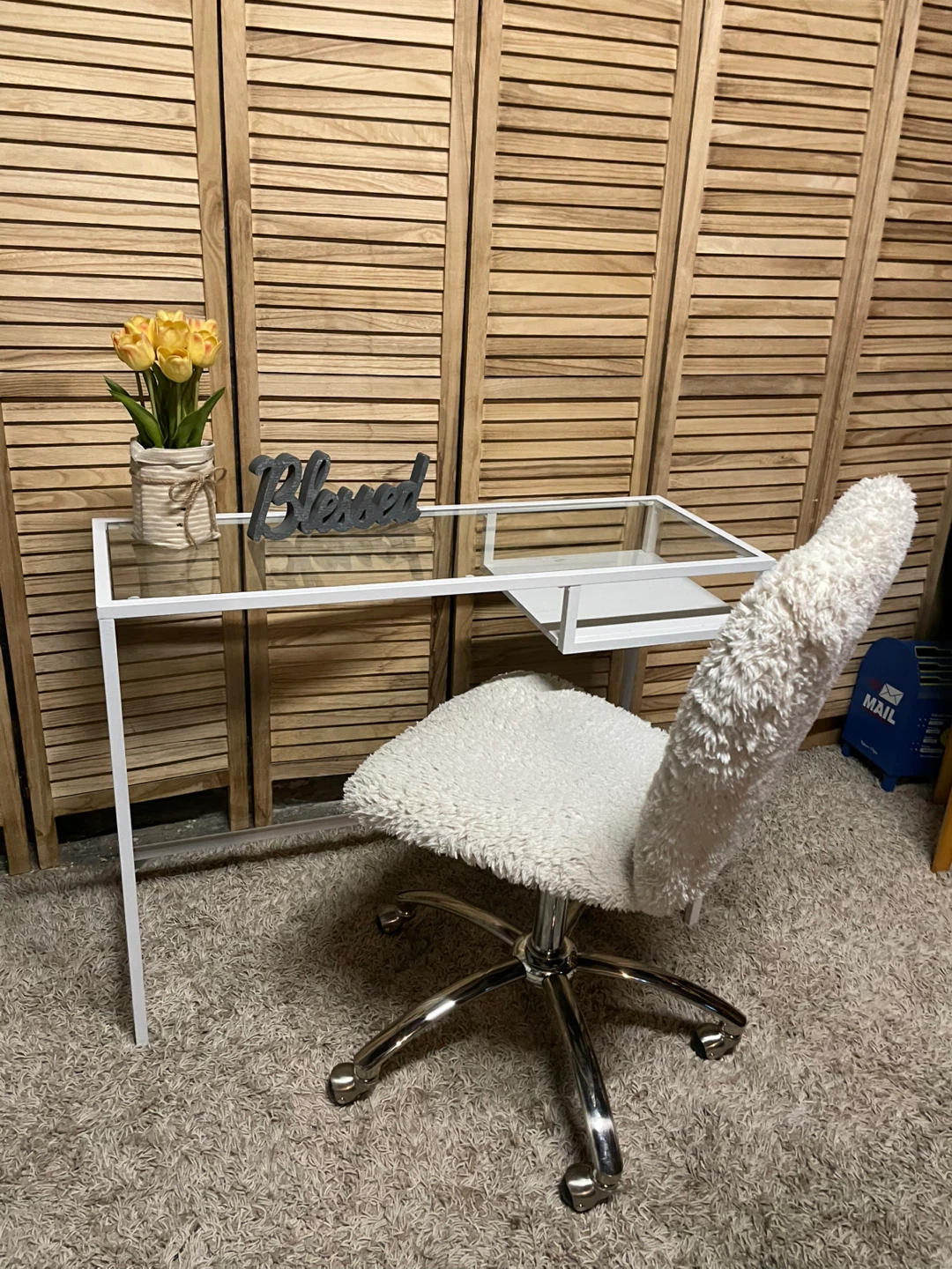 Glass Top Desk with Furry White Chair - photo 2
