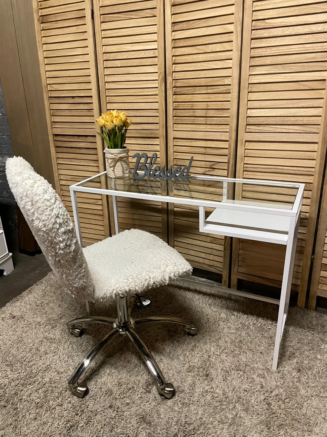 Glass Top Desk with Furry White Chair