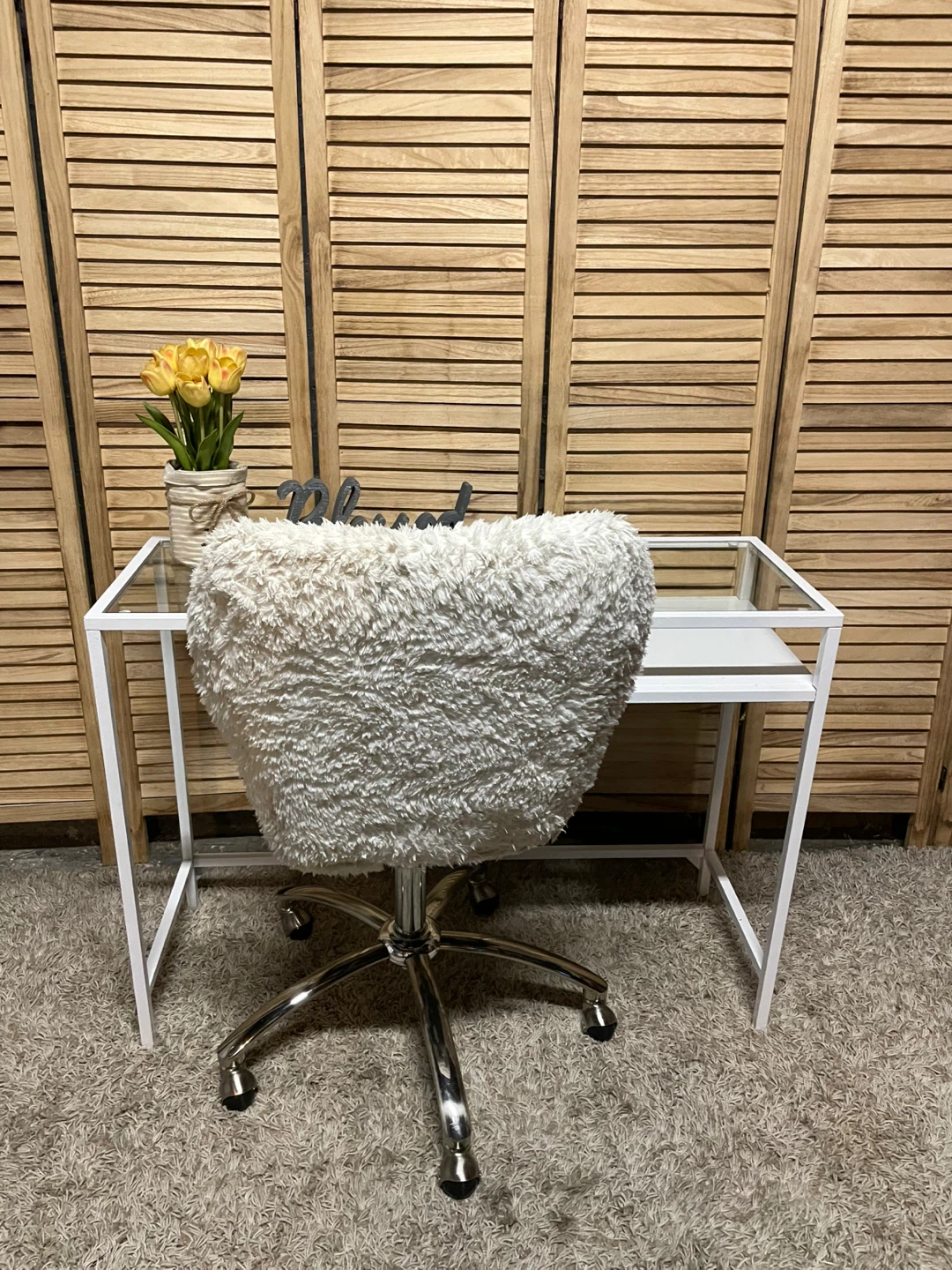 Glass Top Desk with Furry White Chair - photo 3