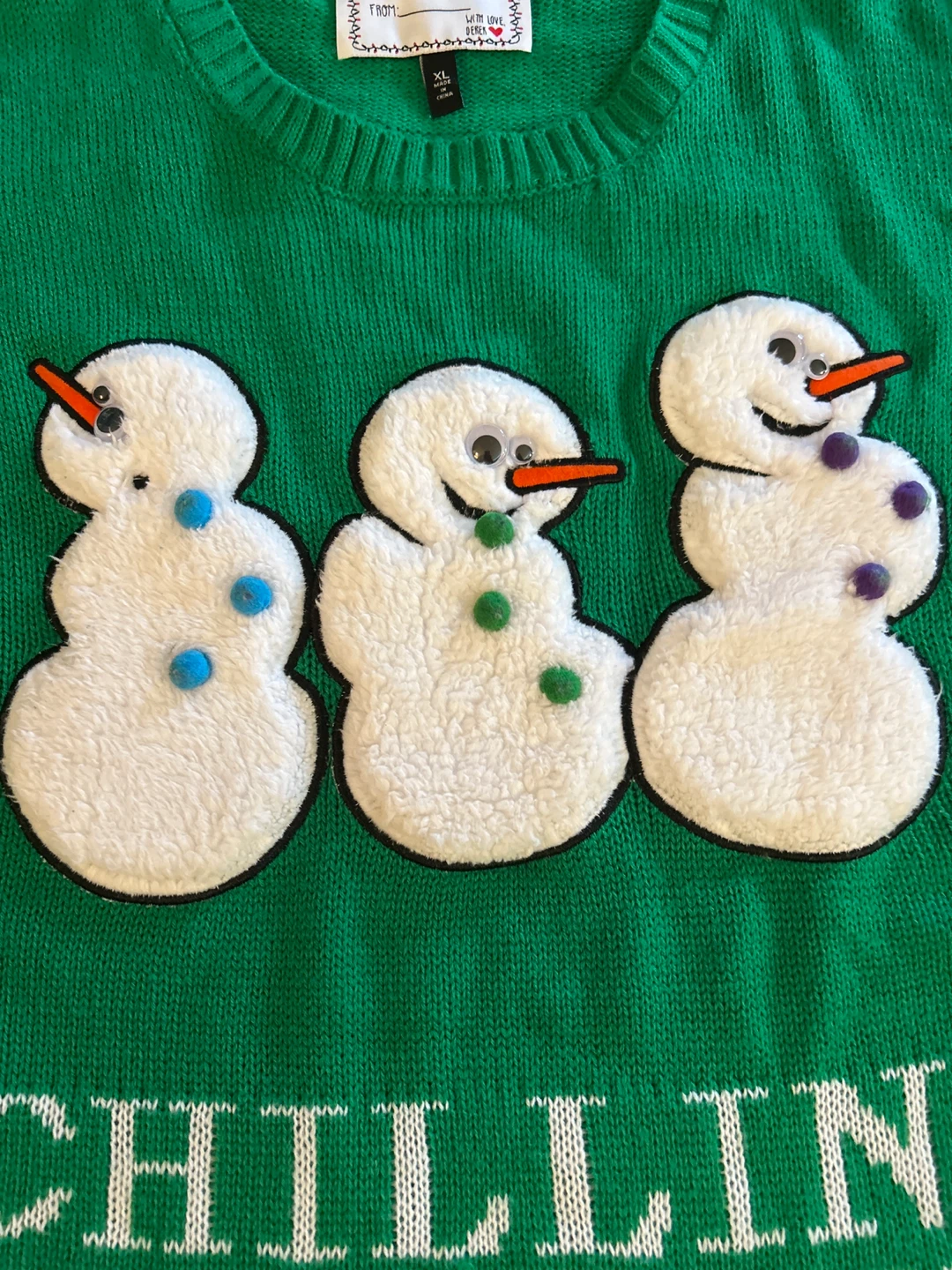Green XL Christmas 🎄 Sweater - "Chilling With My Snowmies" - photo 2