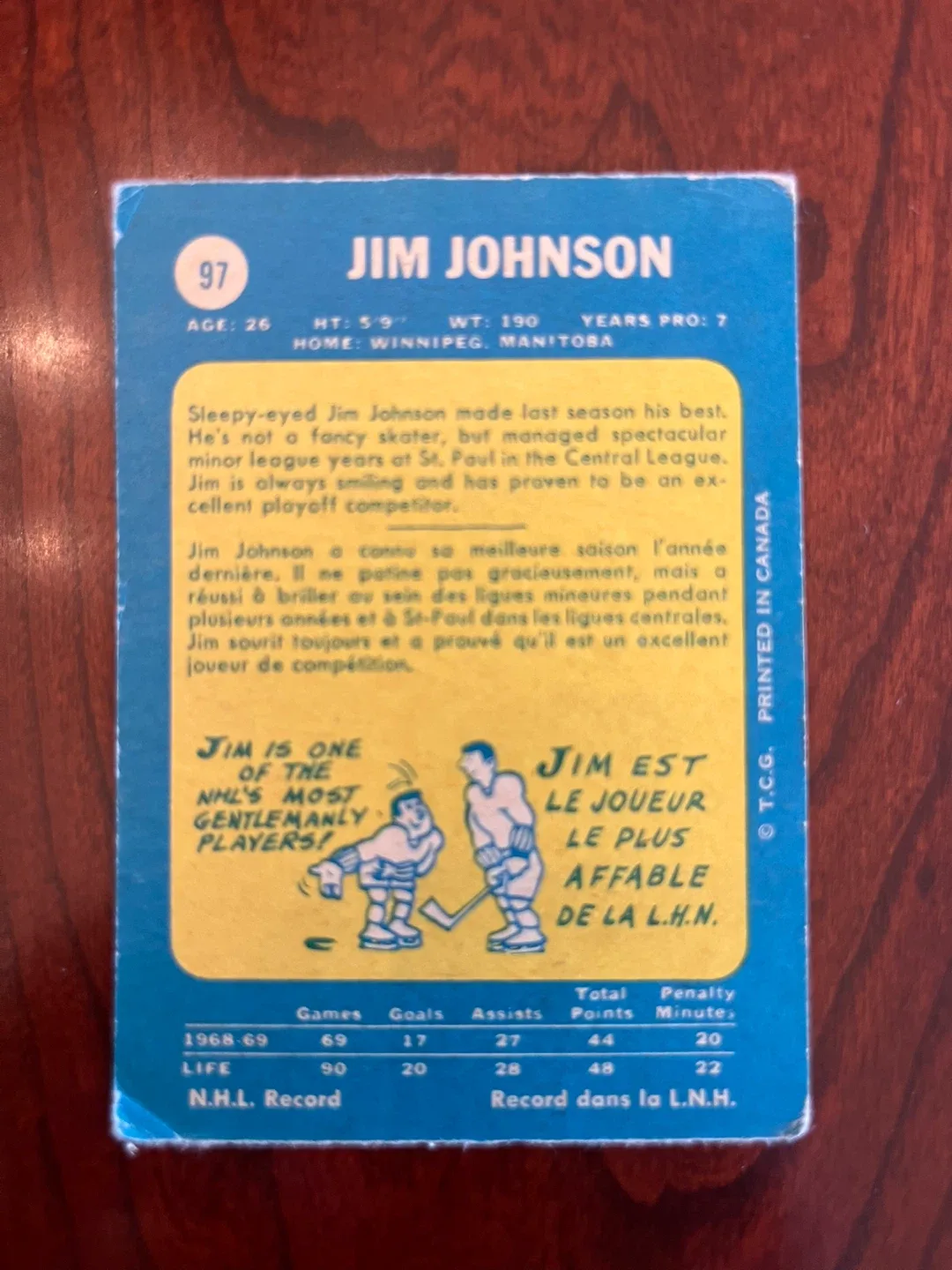 1969/70 O-PEE-CHEE NHL HOCKEY CARD #97 JIM JOHNSON image indicator(2)