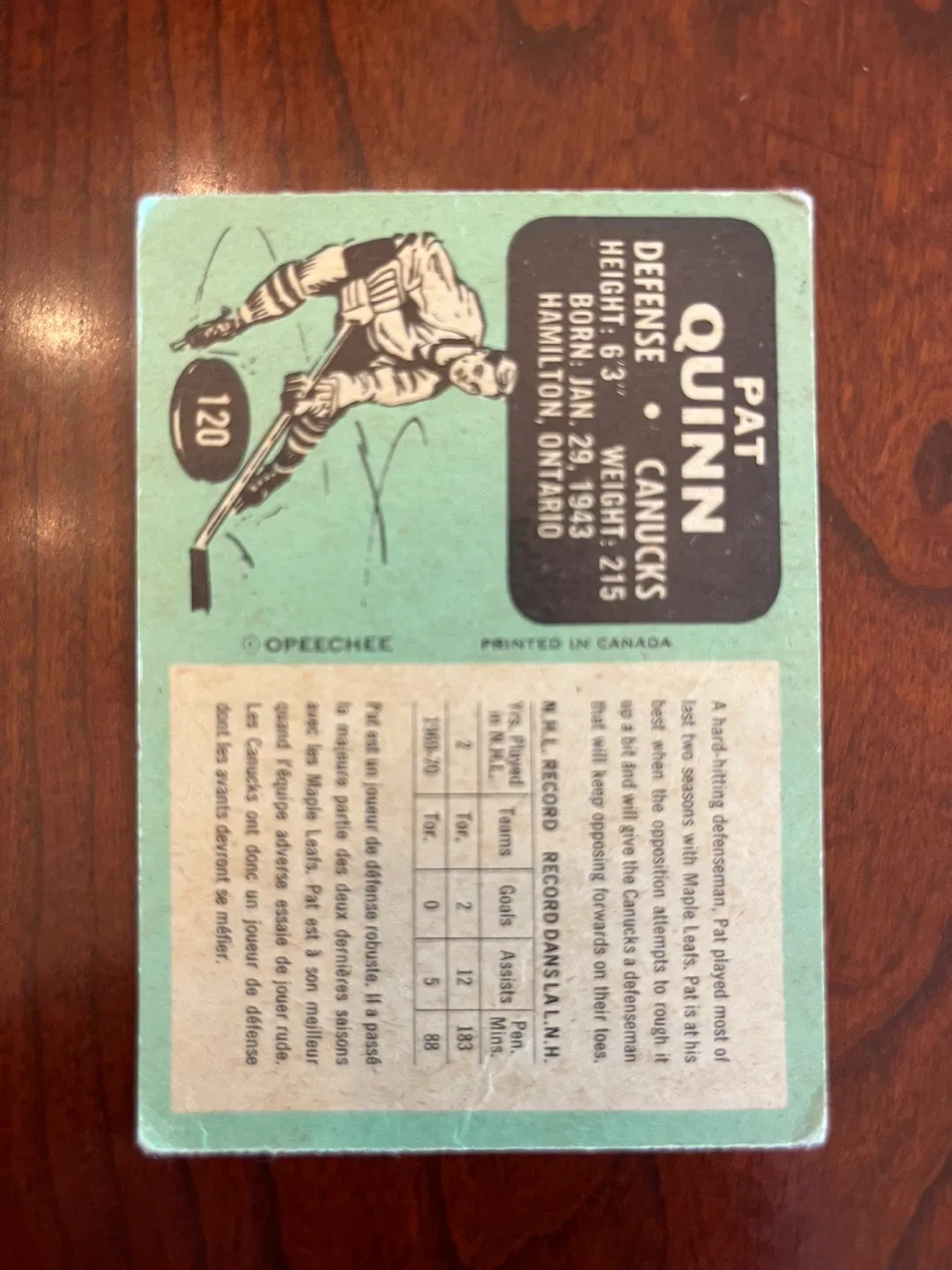 1970-71 OPC #120 PAT QUINN VANCOUVER CANUCKS image indicator(2)